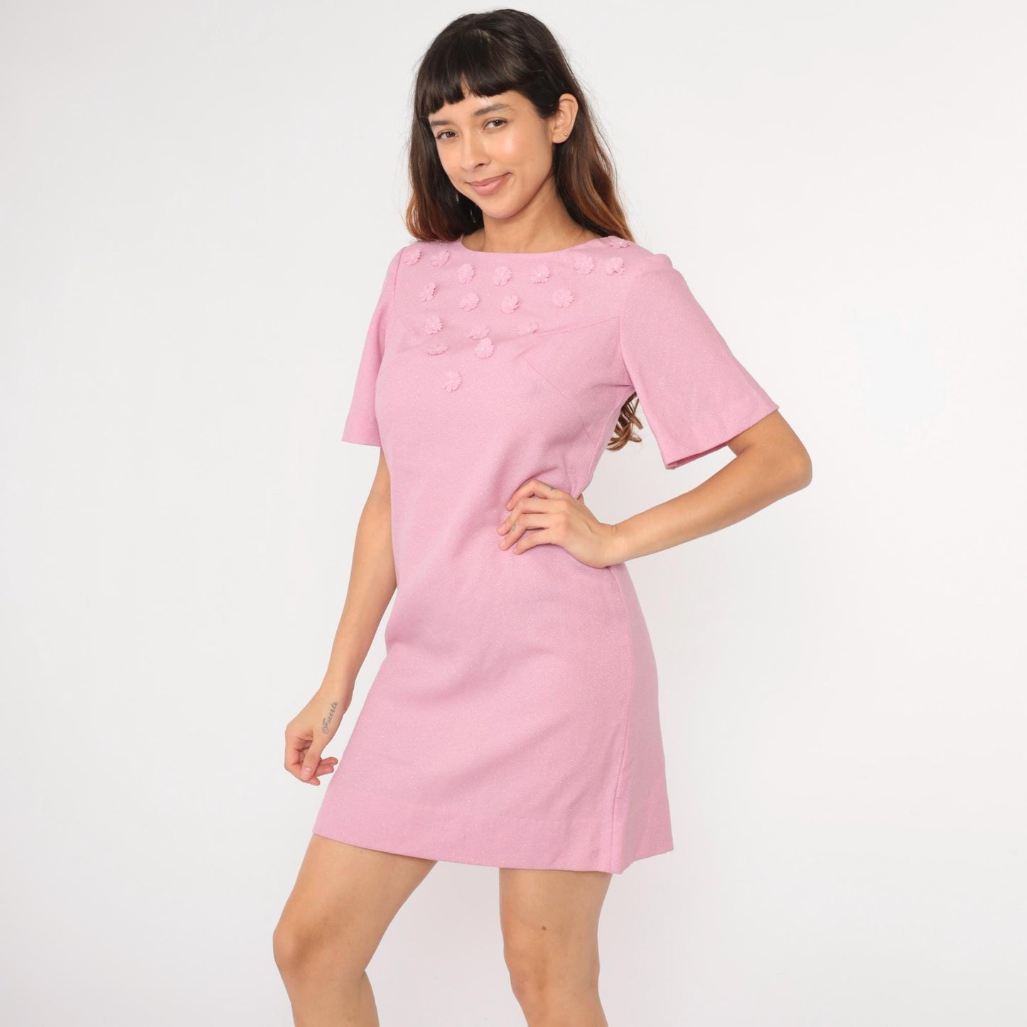60s Metallic Pink Mini Dress Pearl Beaded Floral Shift Short Sleeve Medium