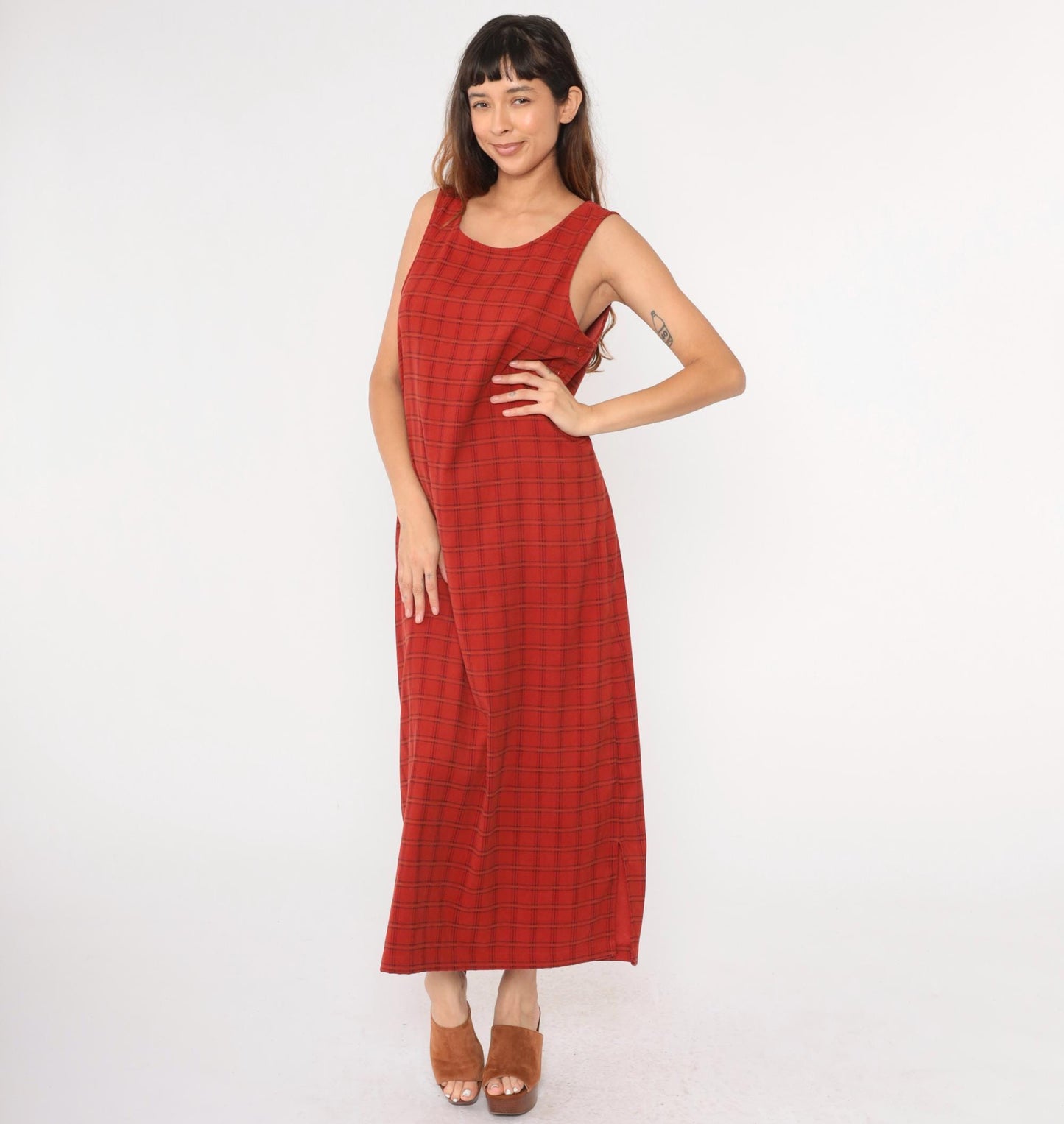 90s Red Checkered Maxi Pinafore Dress Scoop Neck Side Buttons Medium