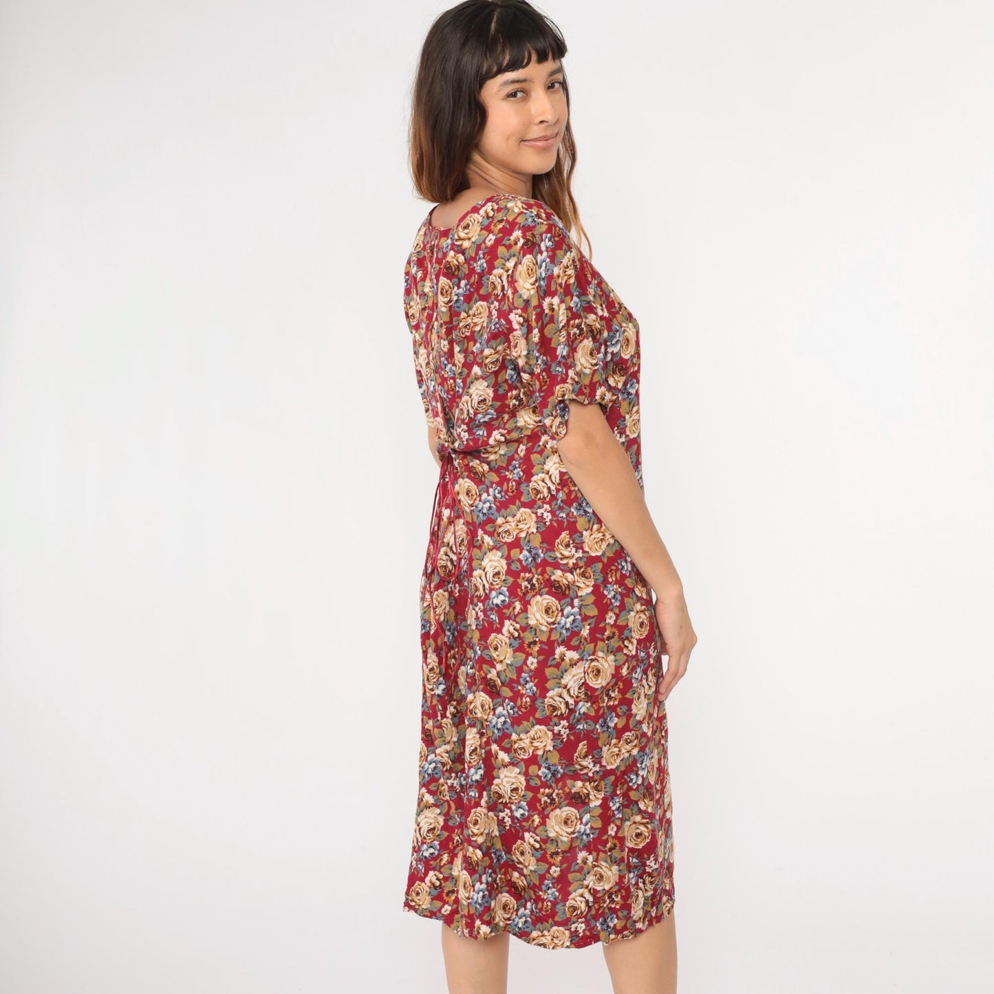 90s Red Floral Midi Dress Side Slit Sheath Princess Seam Medium Large