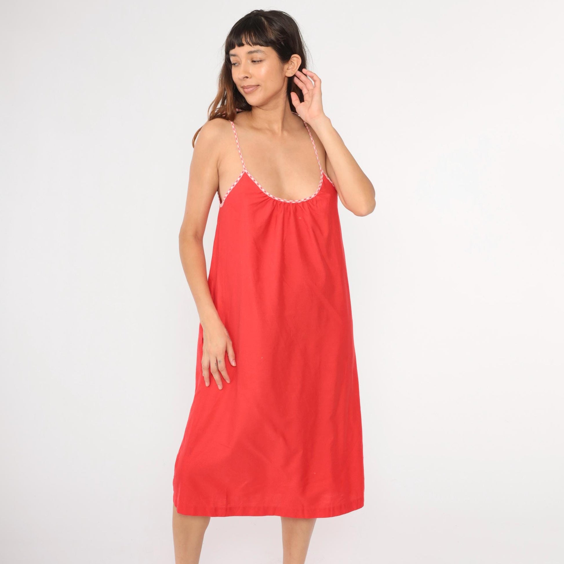 70s Red Spaghetti Strap Midi Tent Dress Checkered Trim Medium M