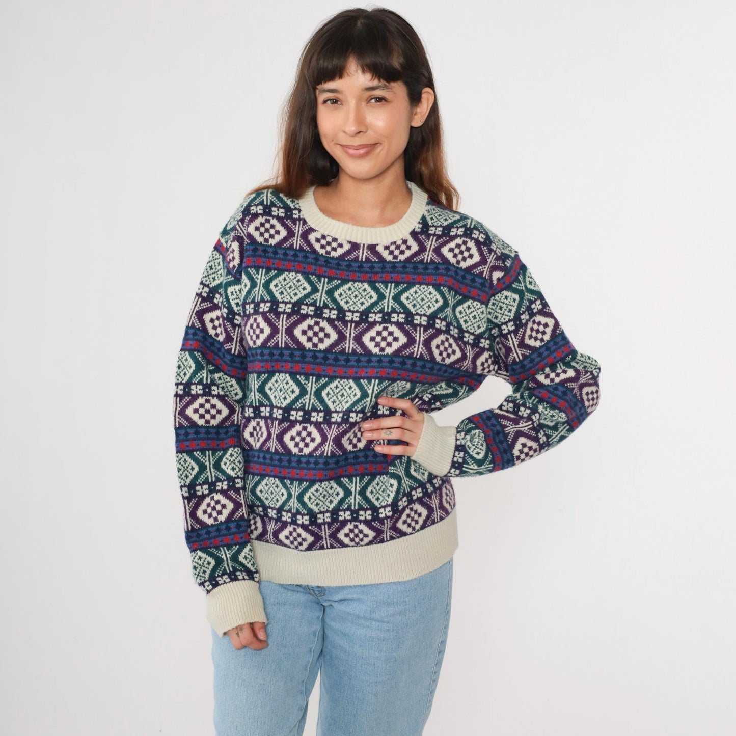 80s Nordic Geometric Fair Isle Sweater Green Purple Knit Pullover Large L