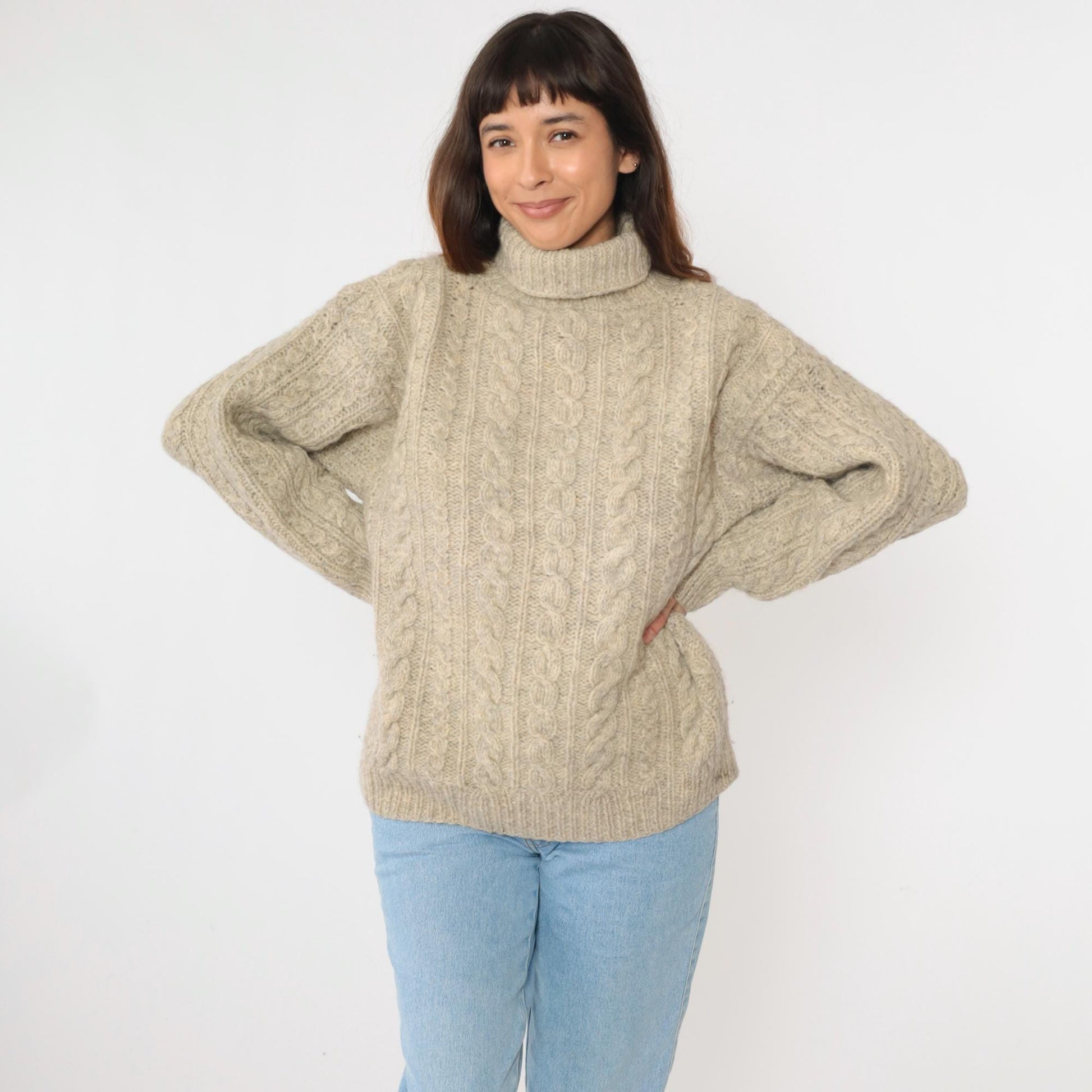 80s Beige Cable Knit Turtleneck Sweater Flecked Pullover Large