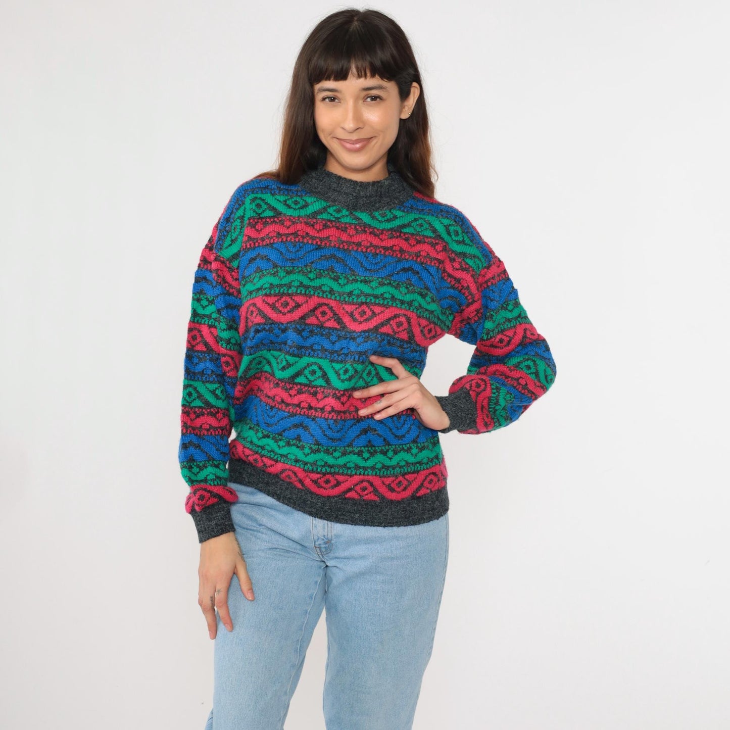 80s Nan Dorsey Geometric Striped Mock Neck Sweater Blue Green Red Medium