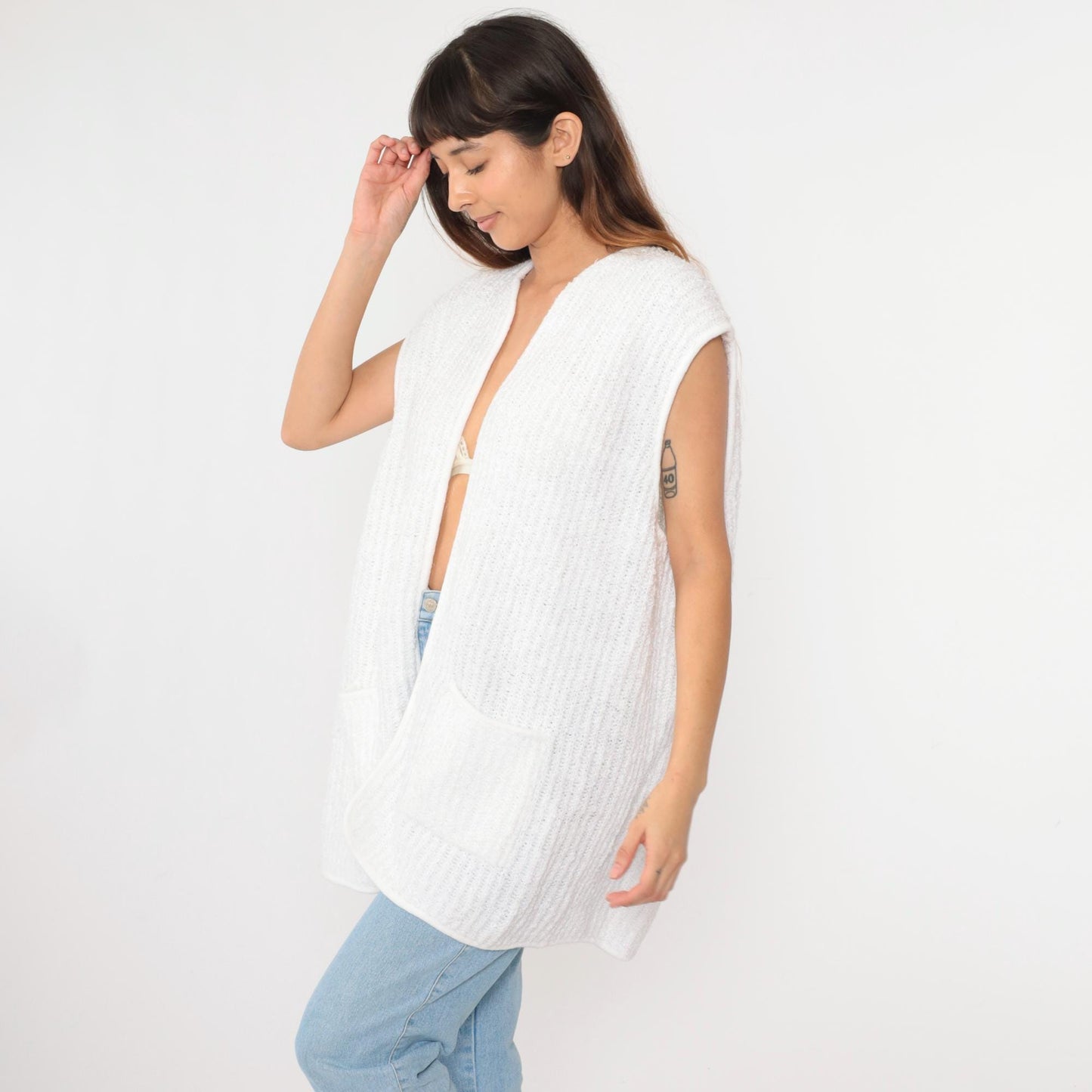 80s Sideffects Plus White Knit Vest Open Front Pockets Sleeveless Extra Extra Large XXL