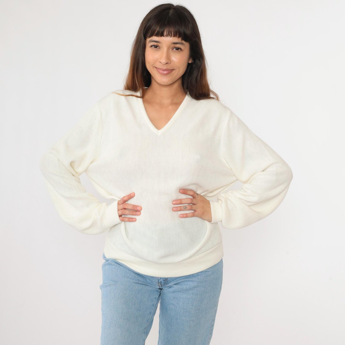 80s Sportswear by Bryant White V-Neck Knit Sweater Pullover Large L