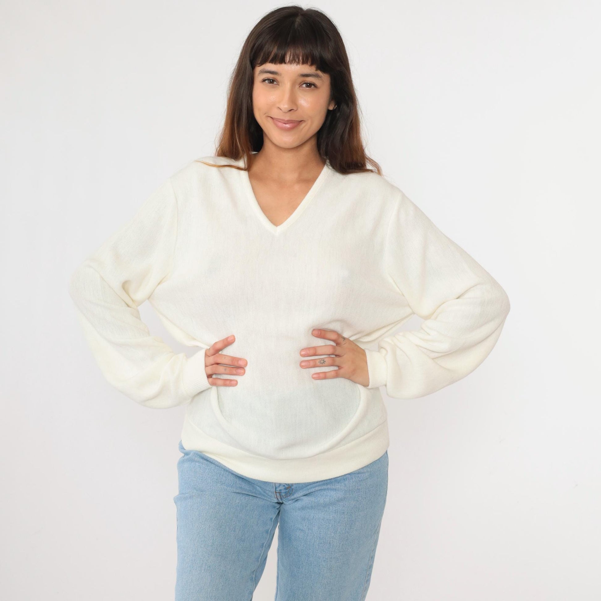 80s Sportswear by Bryant White V-Neck Knit Sweater Pullover Large L