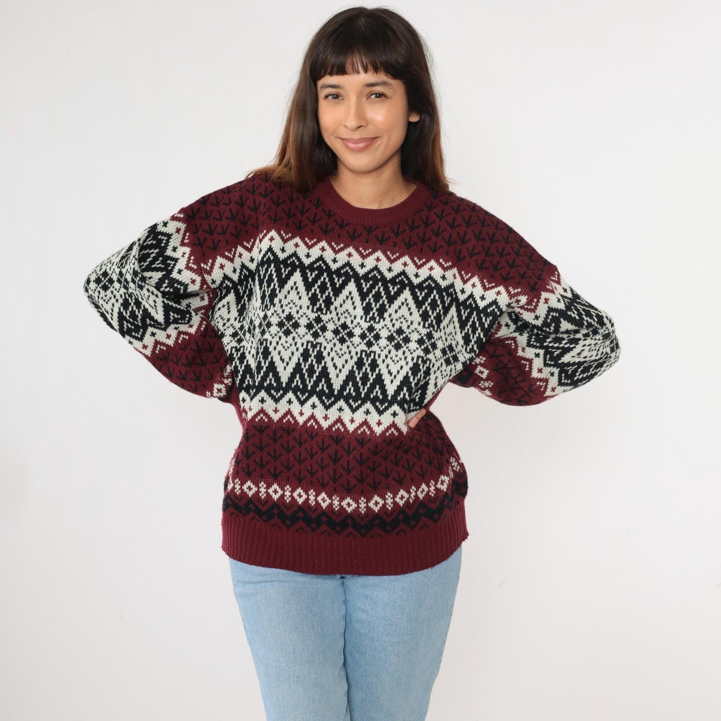 90s Fair Isle Sweater Maroon Black White Geometric Knit Pullover Extra Large