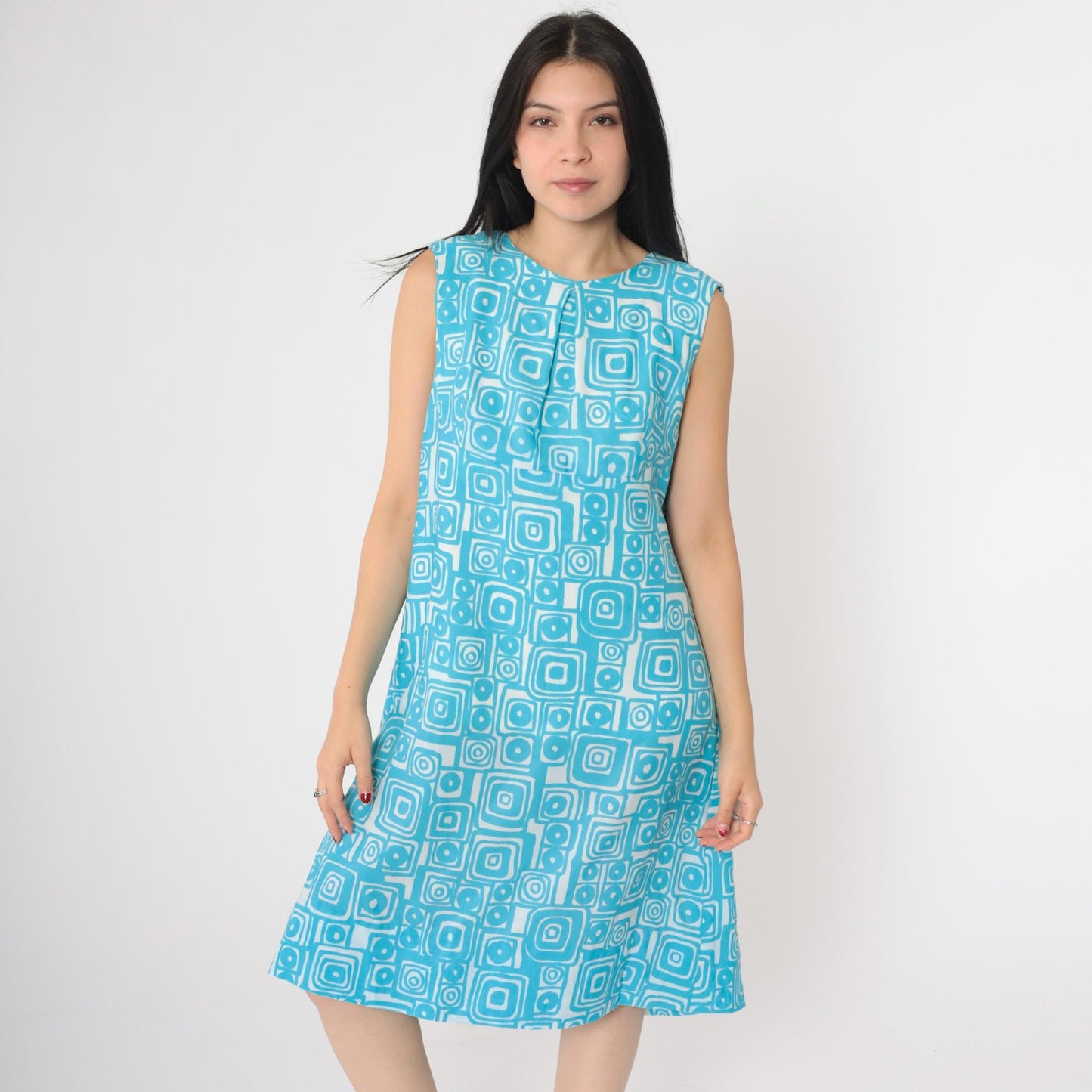 60s Mod Shift Dress Blue Geometric Print Sleeveless Knee-Length Large L