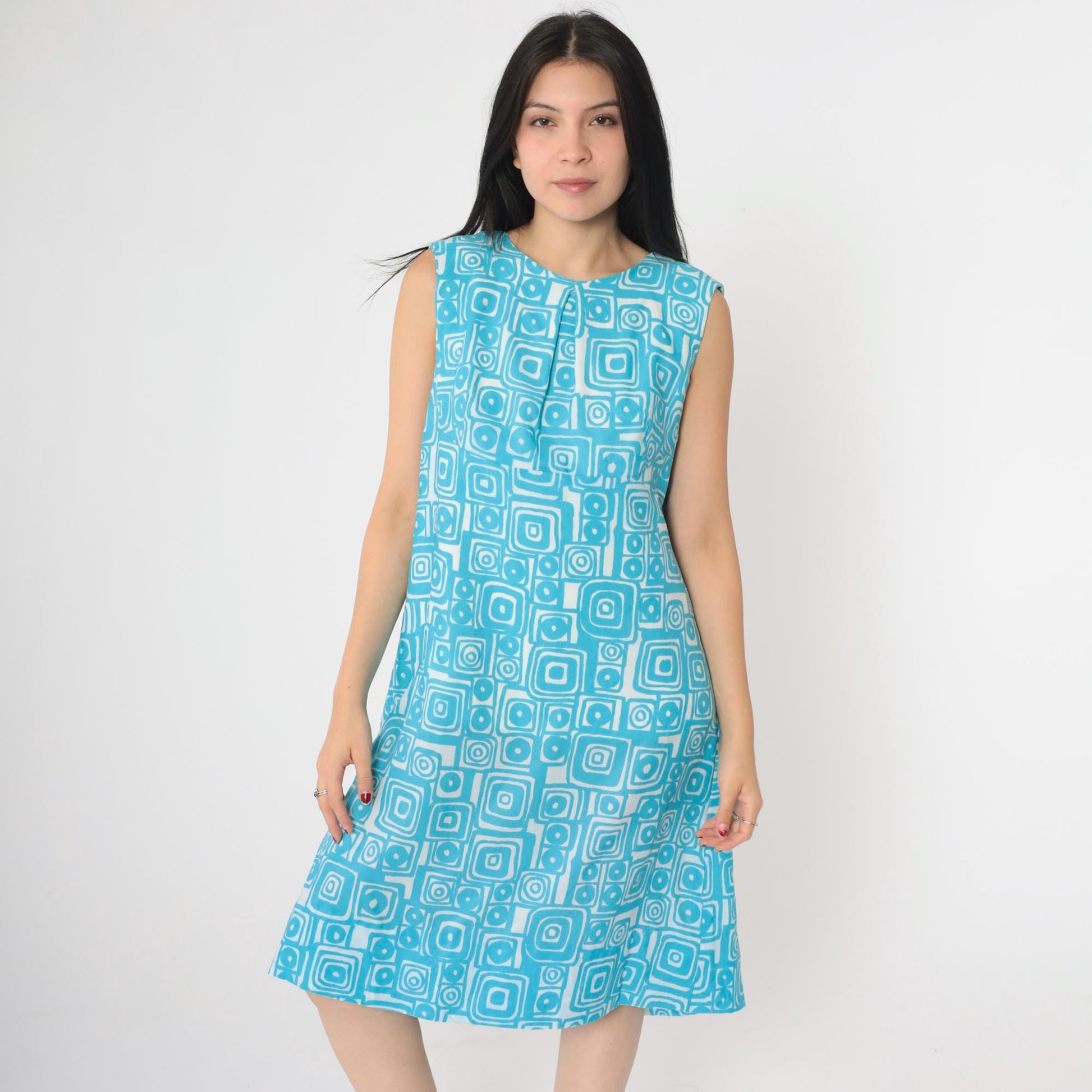 60s Mod Shift Dress Blue Geometric Print Sleeveless Knee-Length Large L