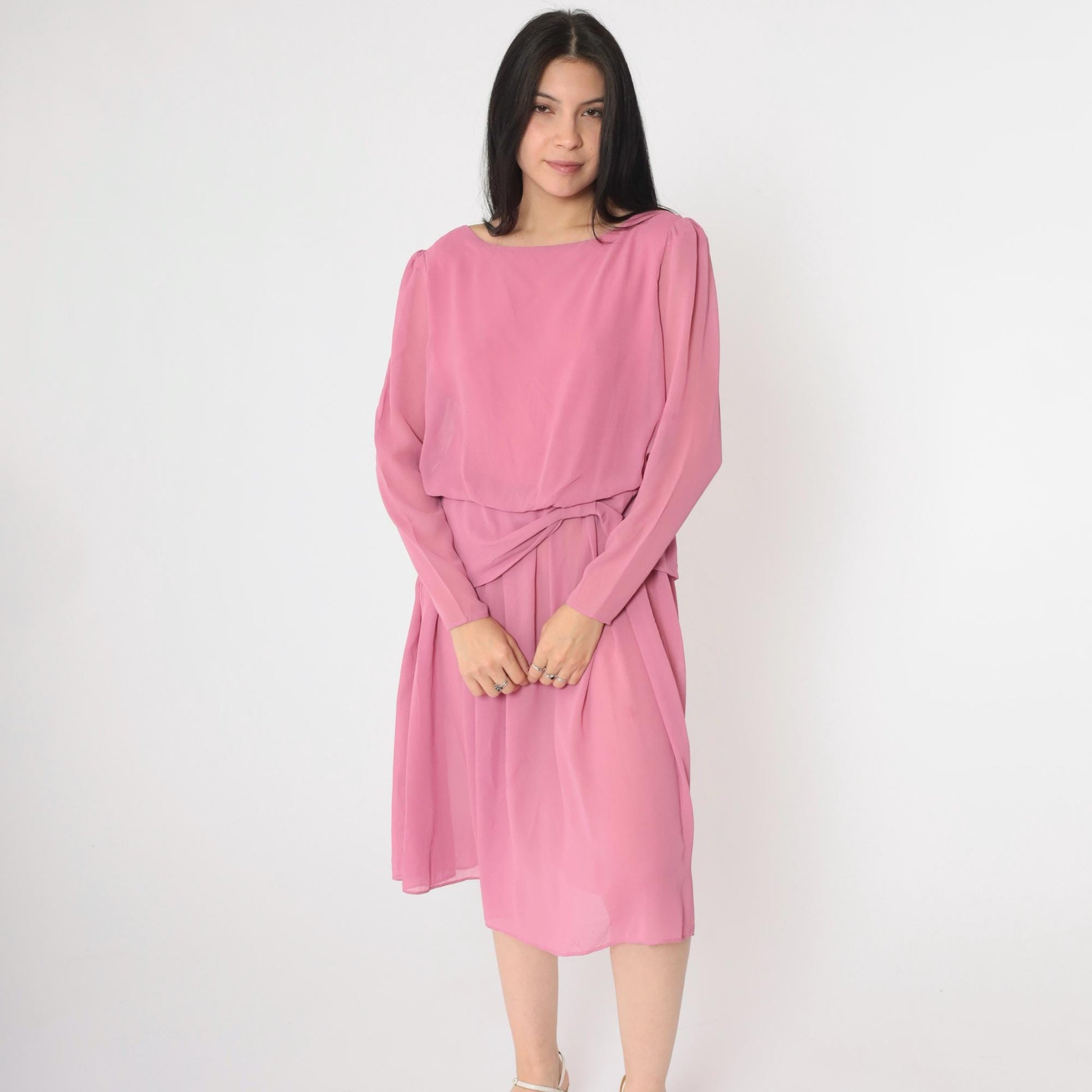80s Pink Chiffon Midi Dress Puff Sleeve Peplum Waist Long Sleeve Small