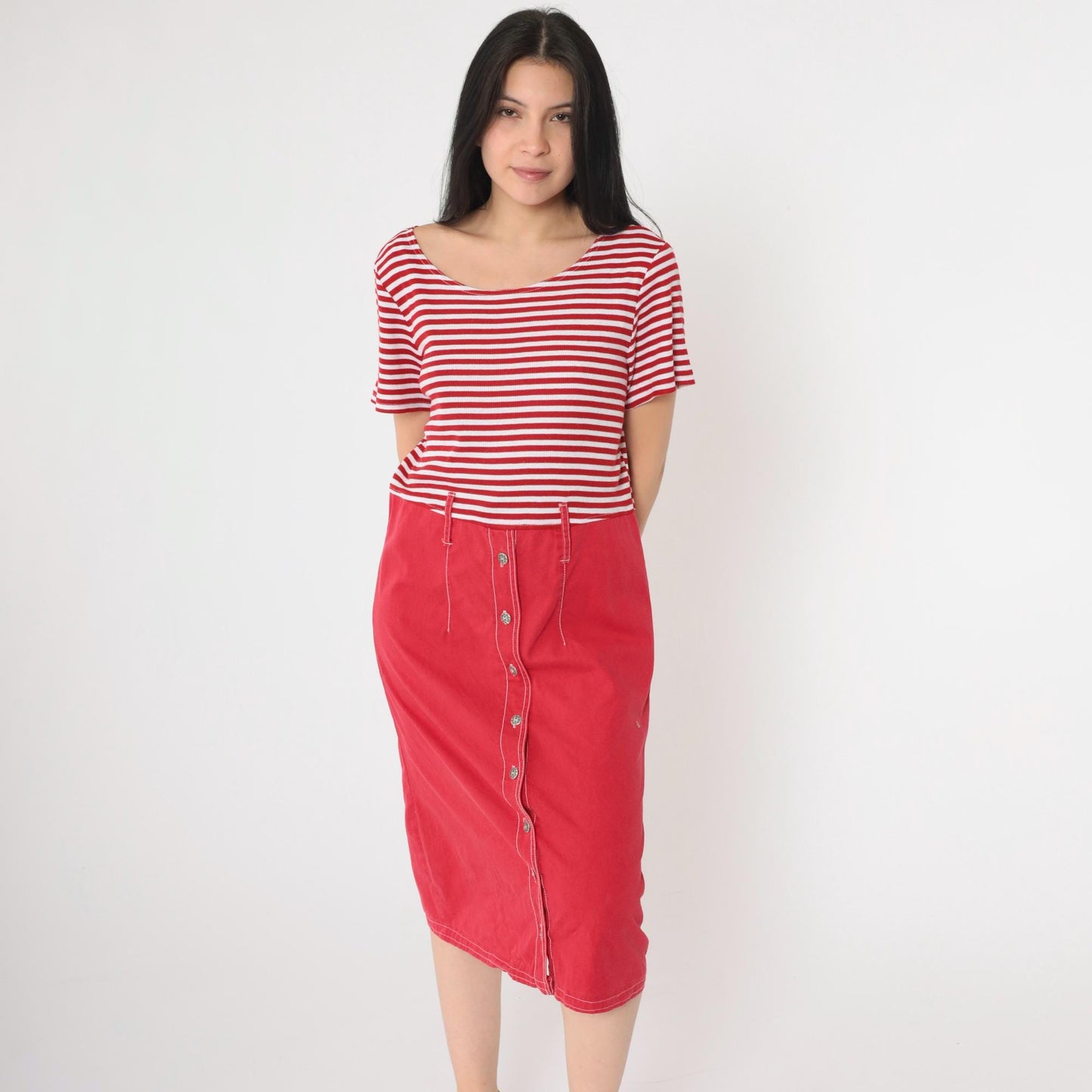 90s Red White Striped Button-Up Midi Dress High Waist Short Sleeve Medium