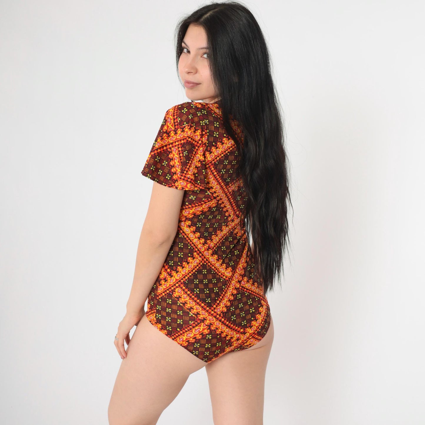 70s Danskin Floral Checkered Bodysuit Flutter Sleeve Square Neck Orange Small