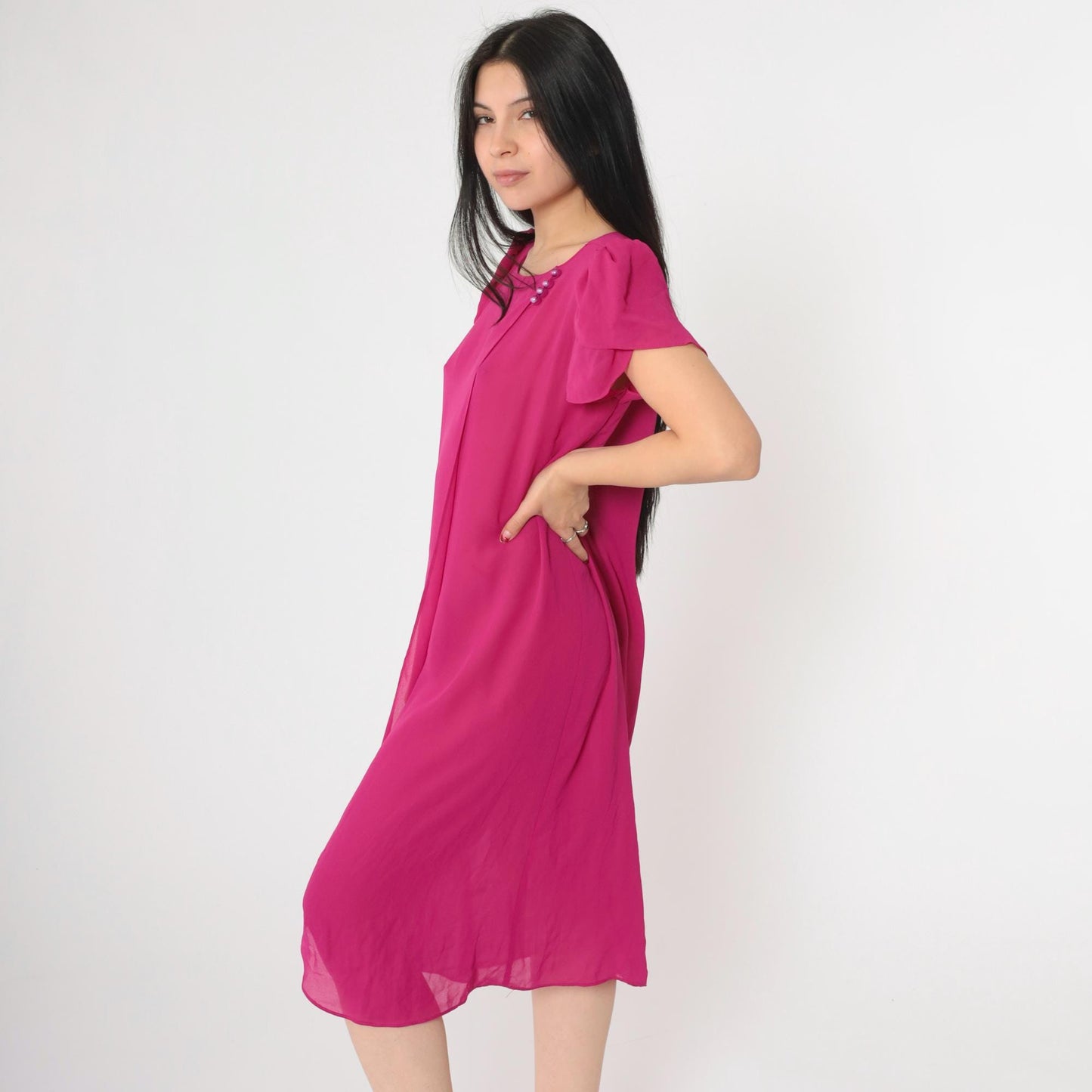80s Fuchsia Chiffon Shift Dress Puff Sleeve Semi-Sheer Medium