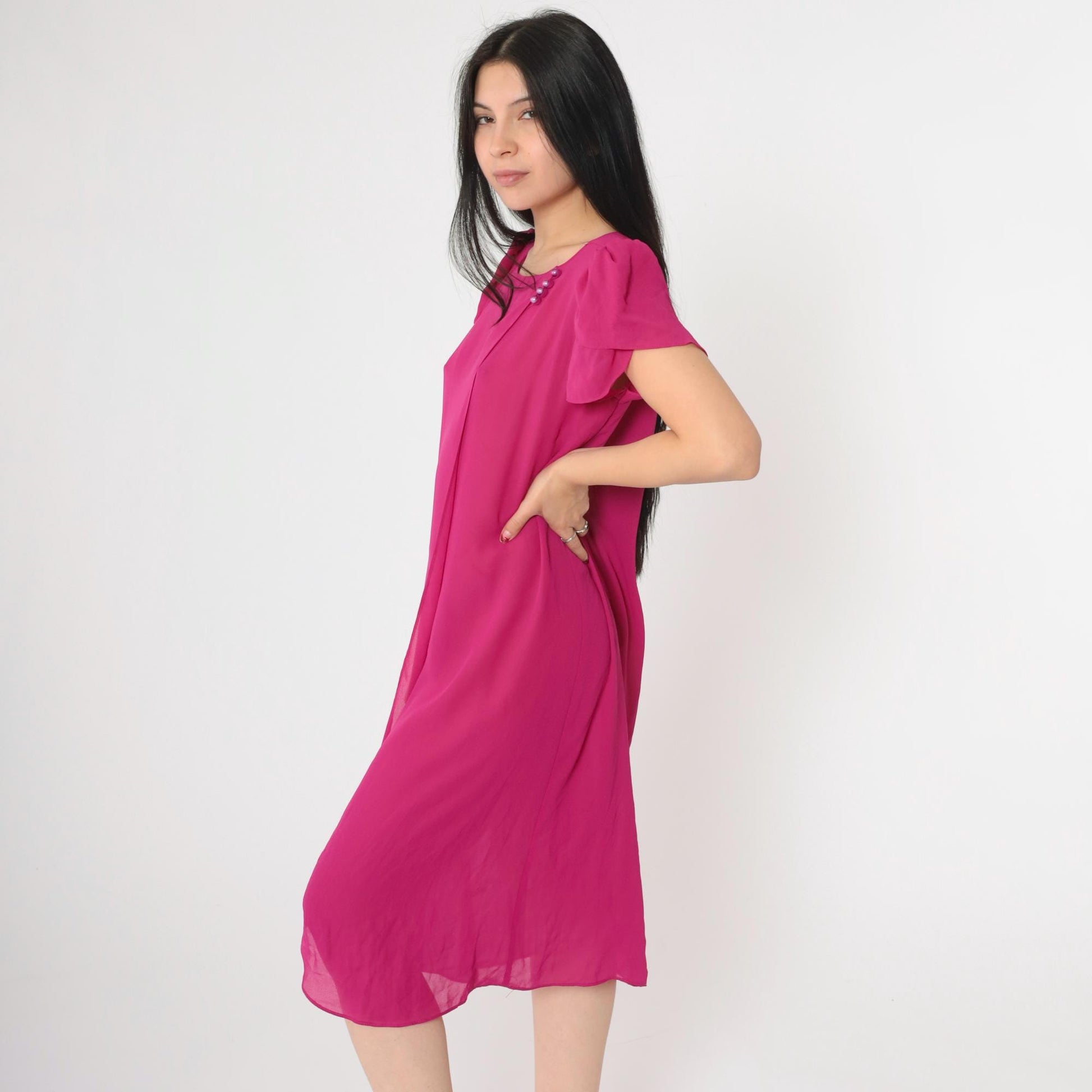 80s Fuchsia Chiffon Shift Dress Puff Sleeve Semi-Sheer Medium