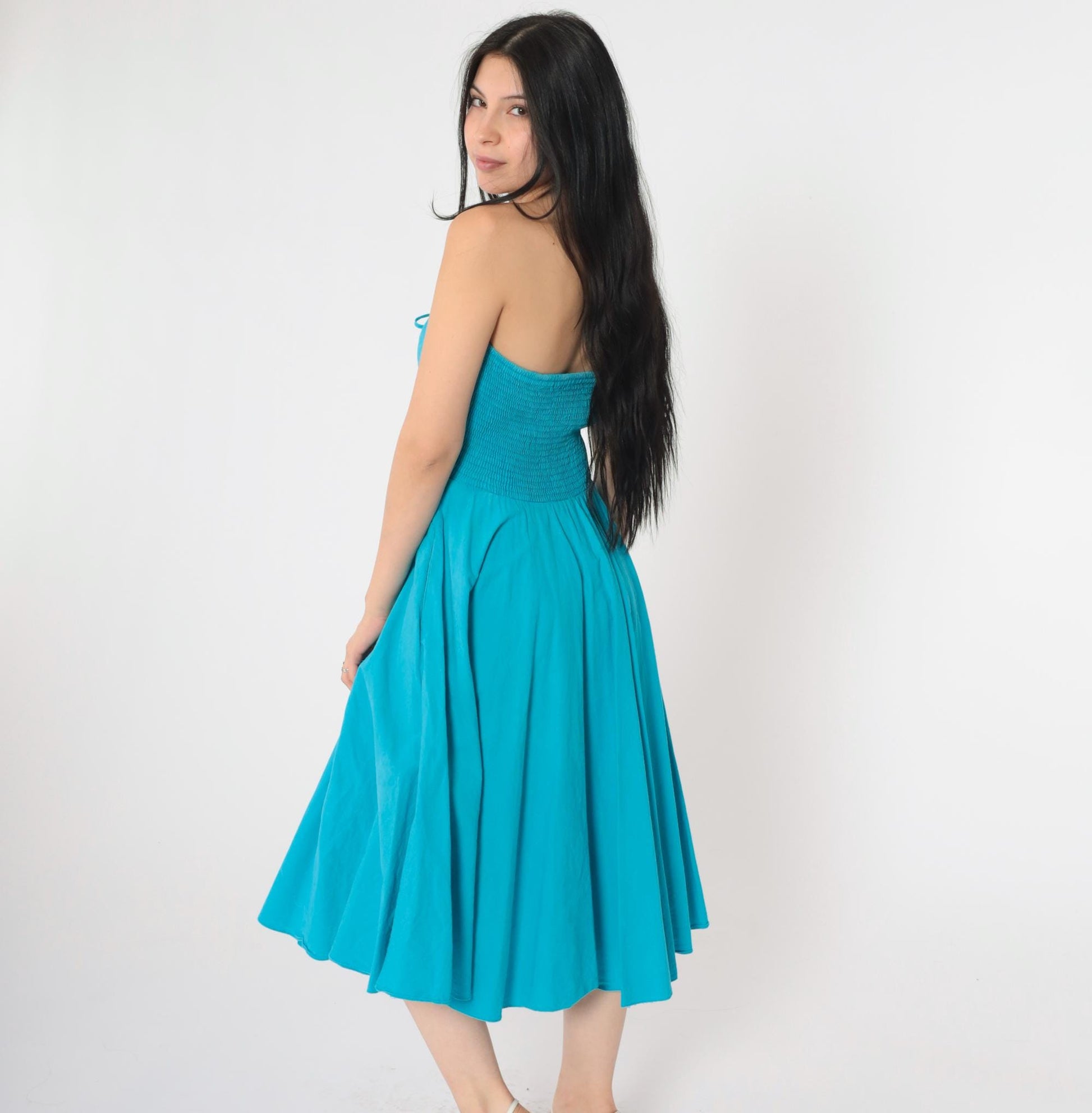 80s Turquoise Strapless Sweetheart Midi Dress Smocked Ruched Cotton Medium