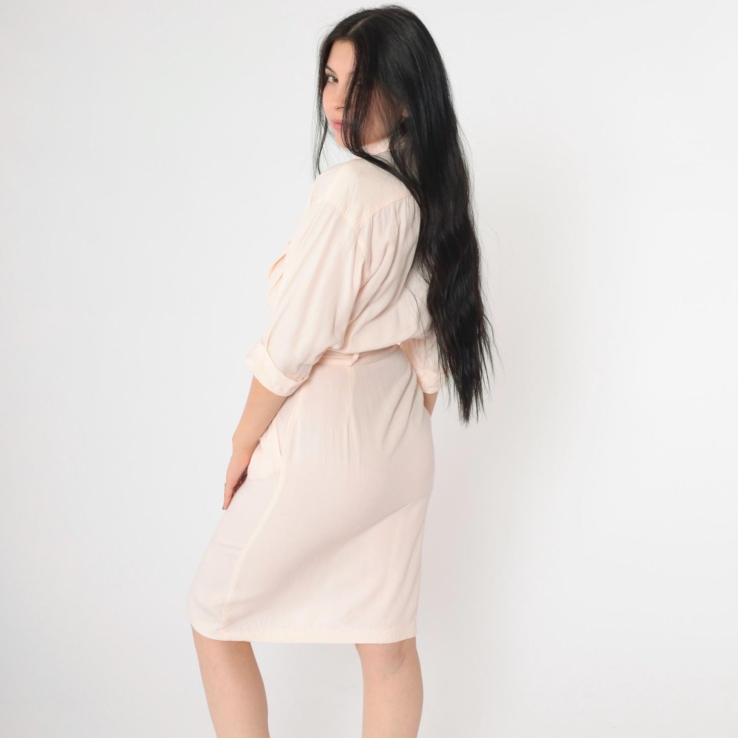 80s Peach Pink Button-Up Midi Dress Cuffed 3/4 Sleeve Pencil Cut XXS