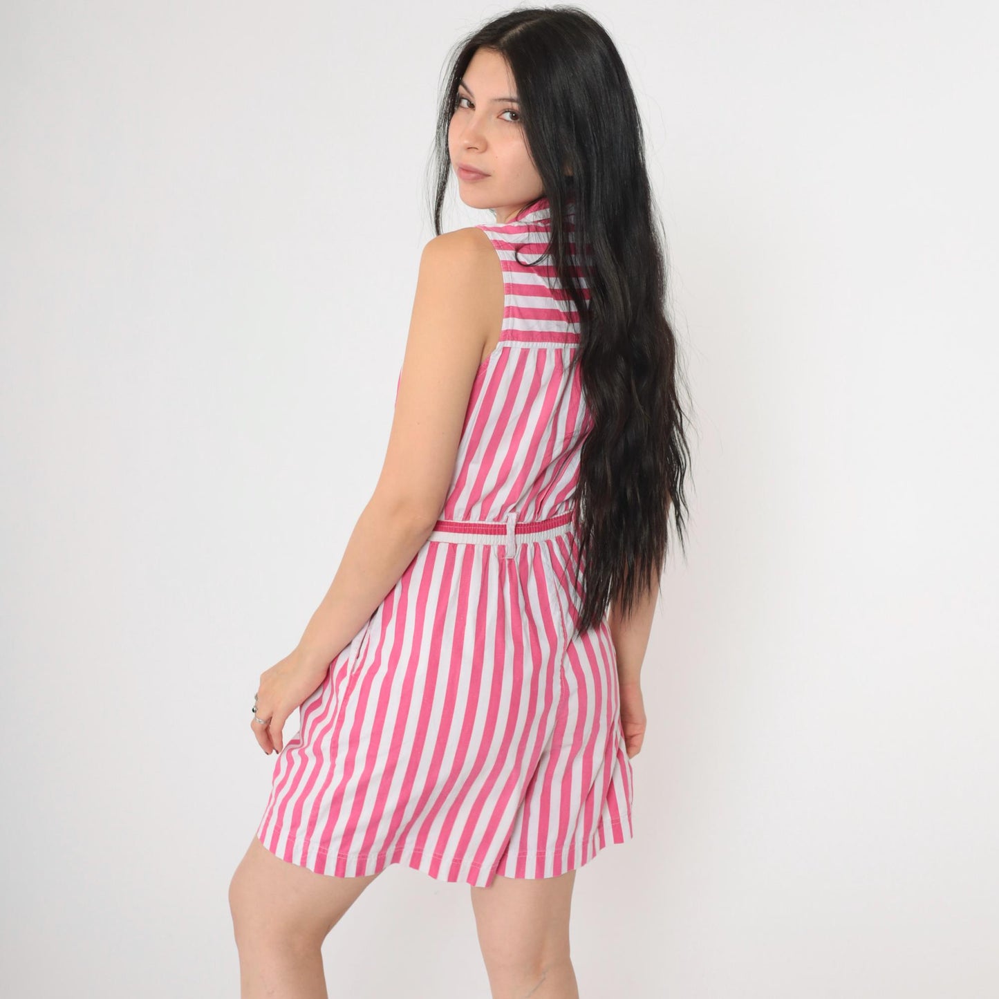 80s Striped Button-Up Romper White Pink High Waist Cotton Sleeveless Small