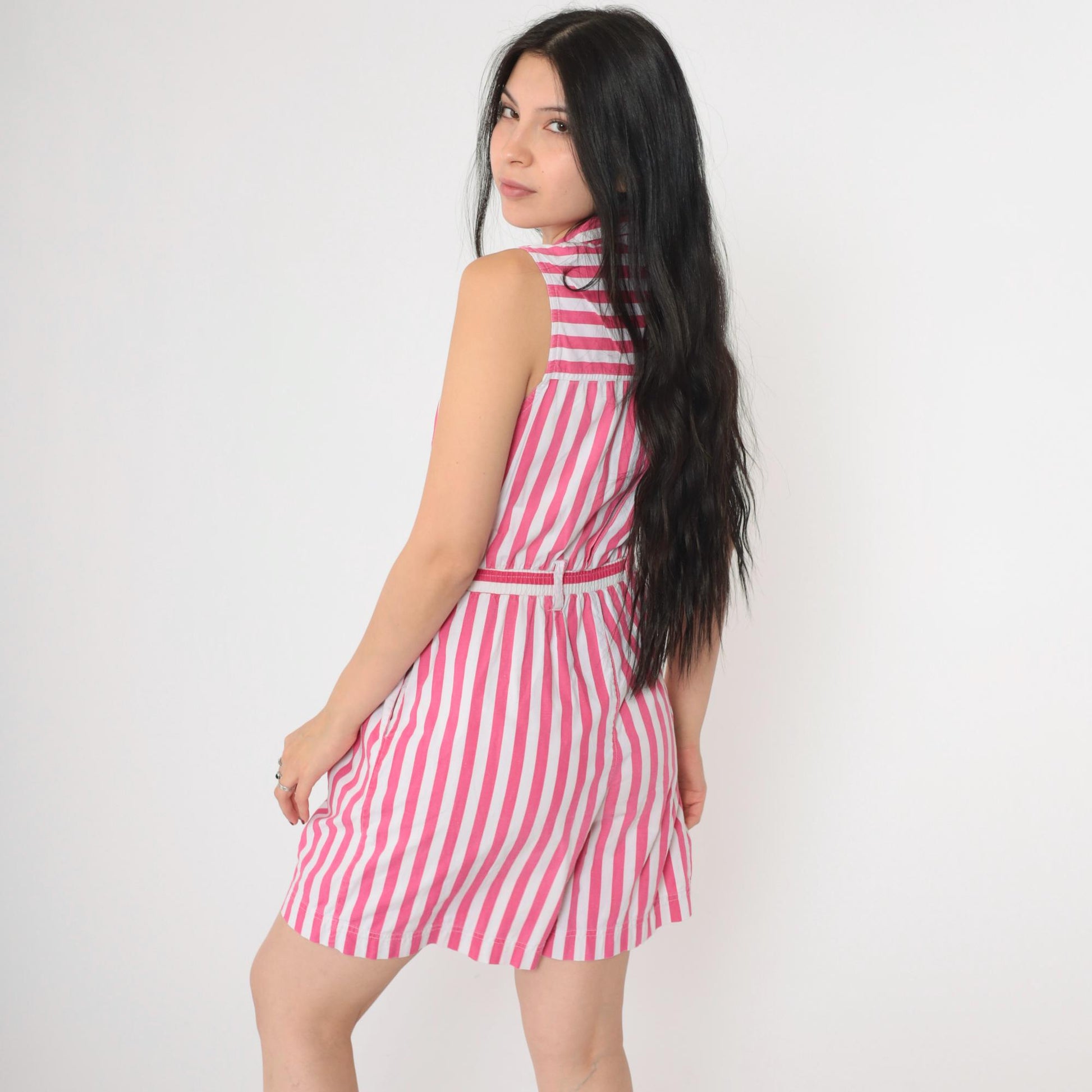 80s Striped Button-Up Romper White Pink High Waist Cotton Sleeveless Small