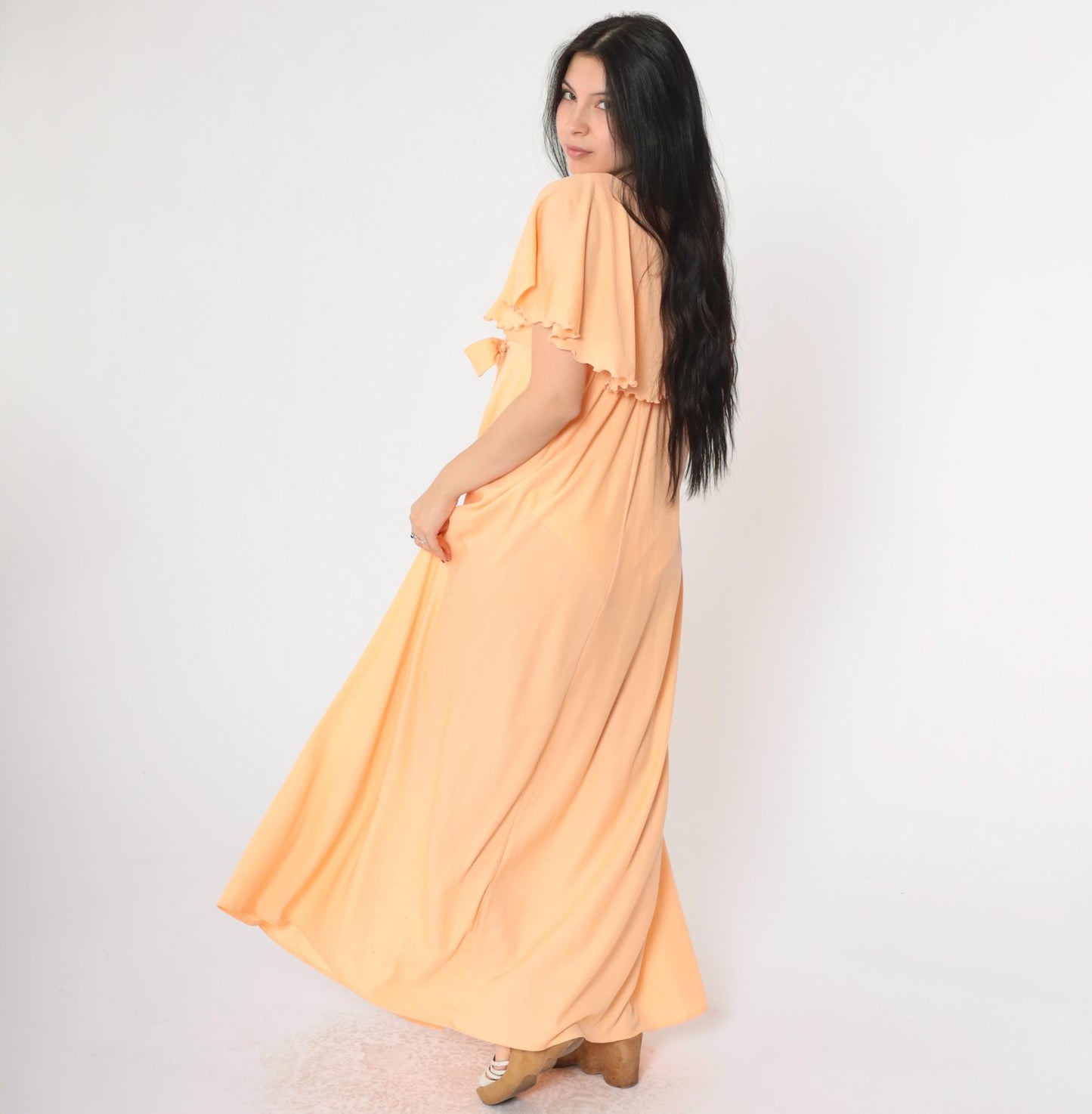 70s Peach Grecian Maxi Dress Empire Waist Capelet Flutter Sleeve Medium