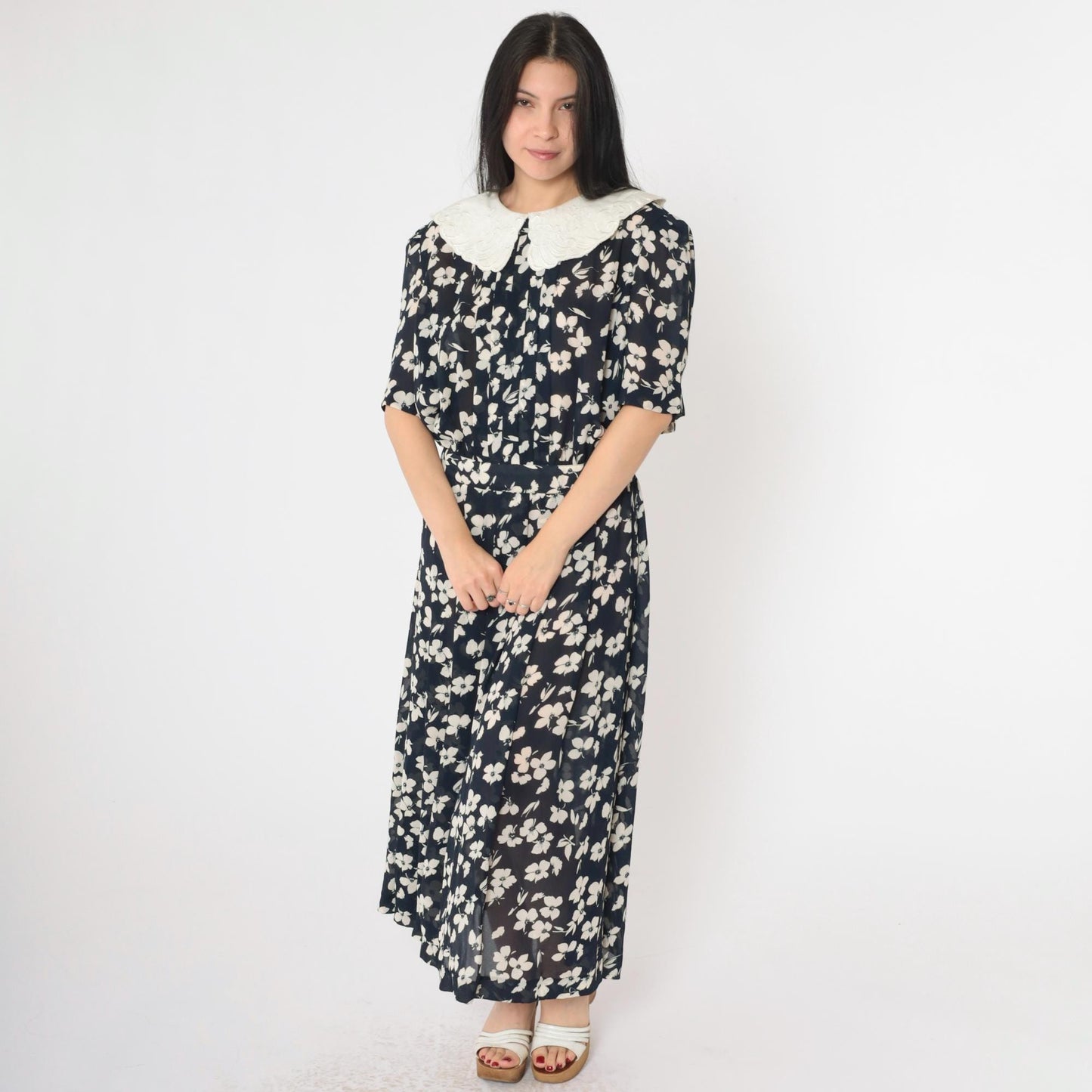 80s Karin Stevens Navy Floral Maxi Dress Pleated High Waist Puritan Collar Medium