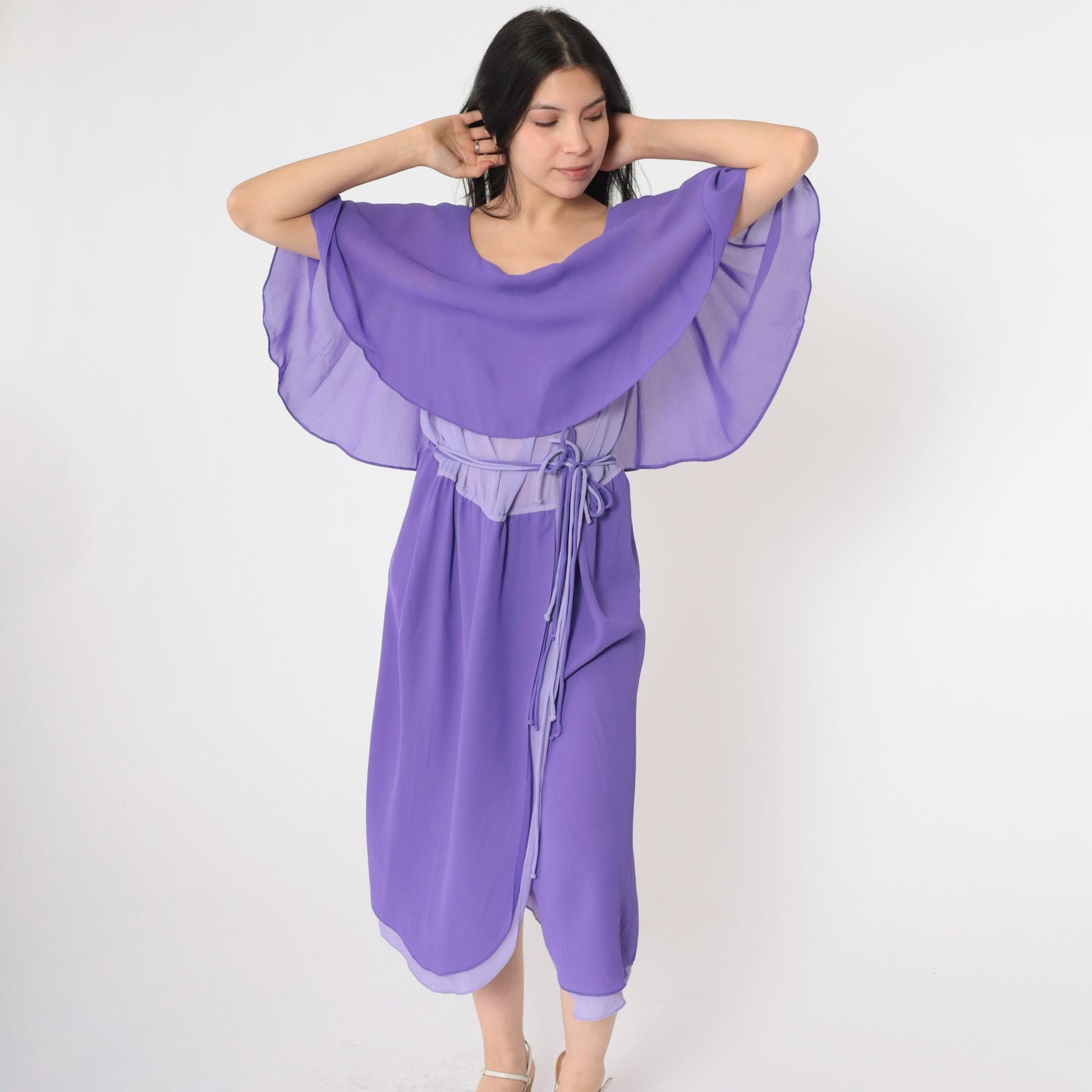 70s Matthew for Jo-Ed Sophisticates Two-Tone Purple Midi Dress Capelet Medium