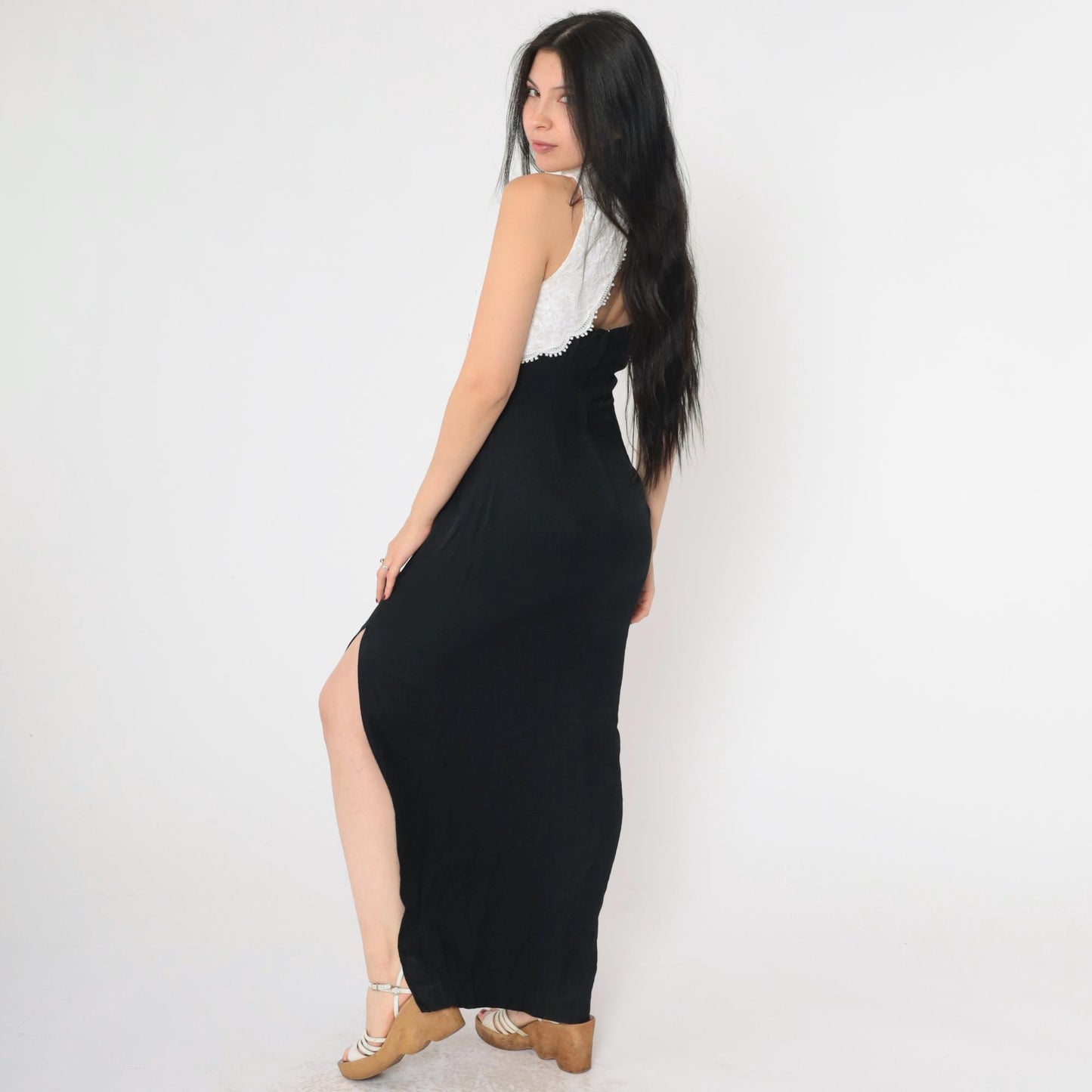 Jessica McClintock 80s Black White Lace Maxi Evening Dress Cutout Small