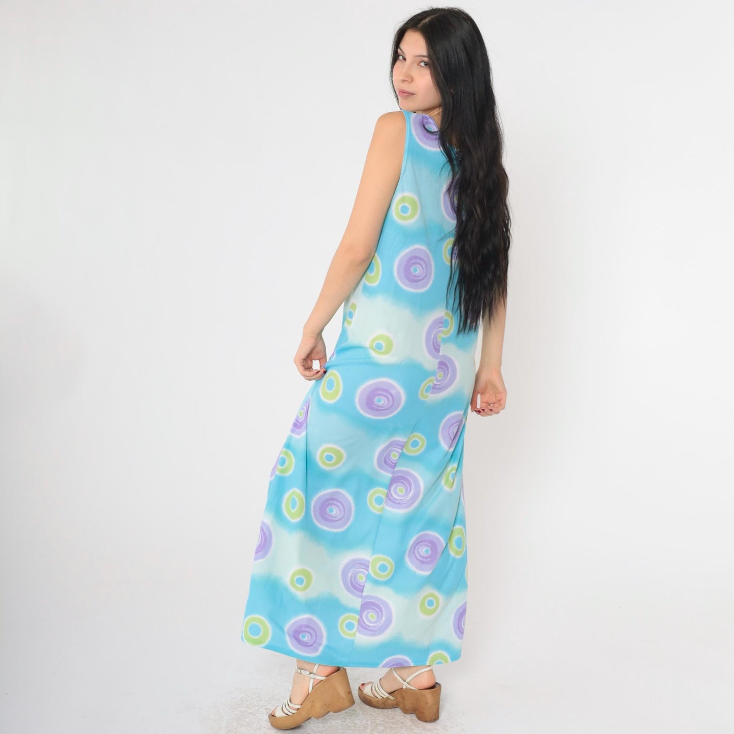 90s Blue Geometric Maxi Dress Sleeveless Shift Pullover Extra Large XXL