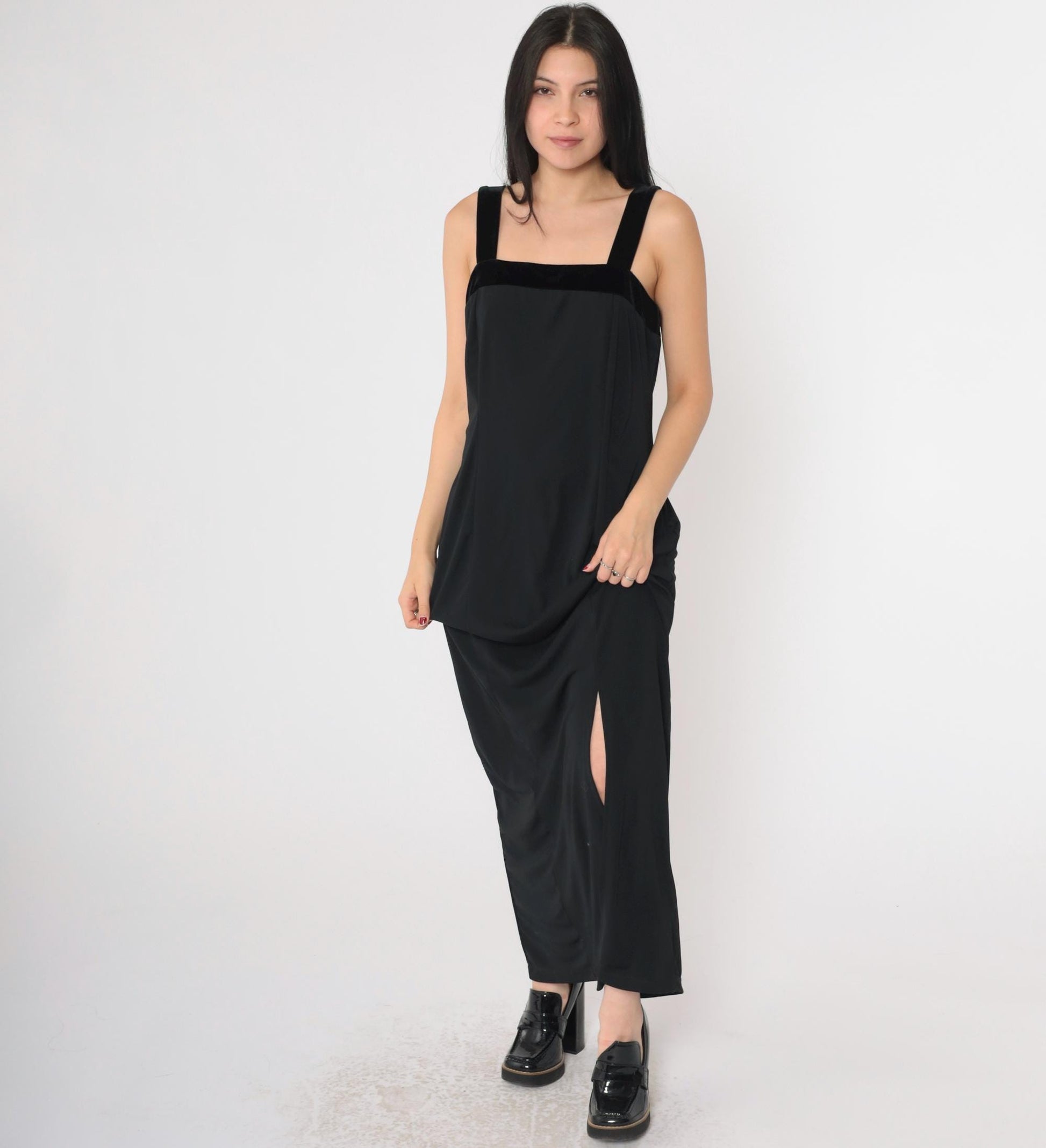 90s Black Velvet Strap Maxi Dress Sleeveless Sheath Front Slit Medium