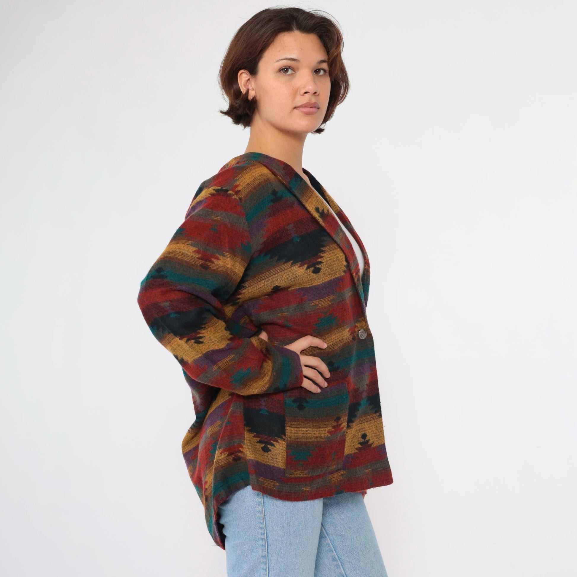 90s Southwestern Striped Blazer Red Yellow Blue Button Up Jacket Plus Size XXL