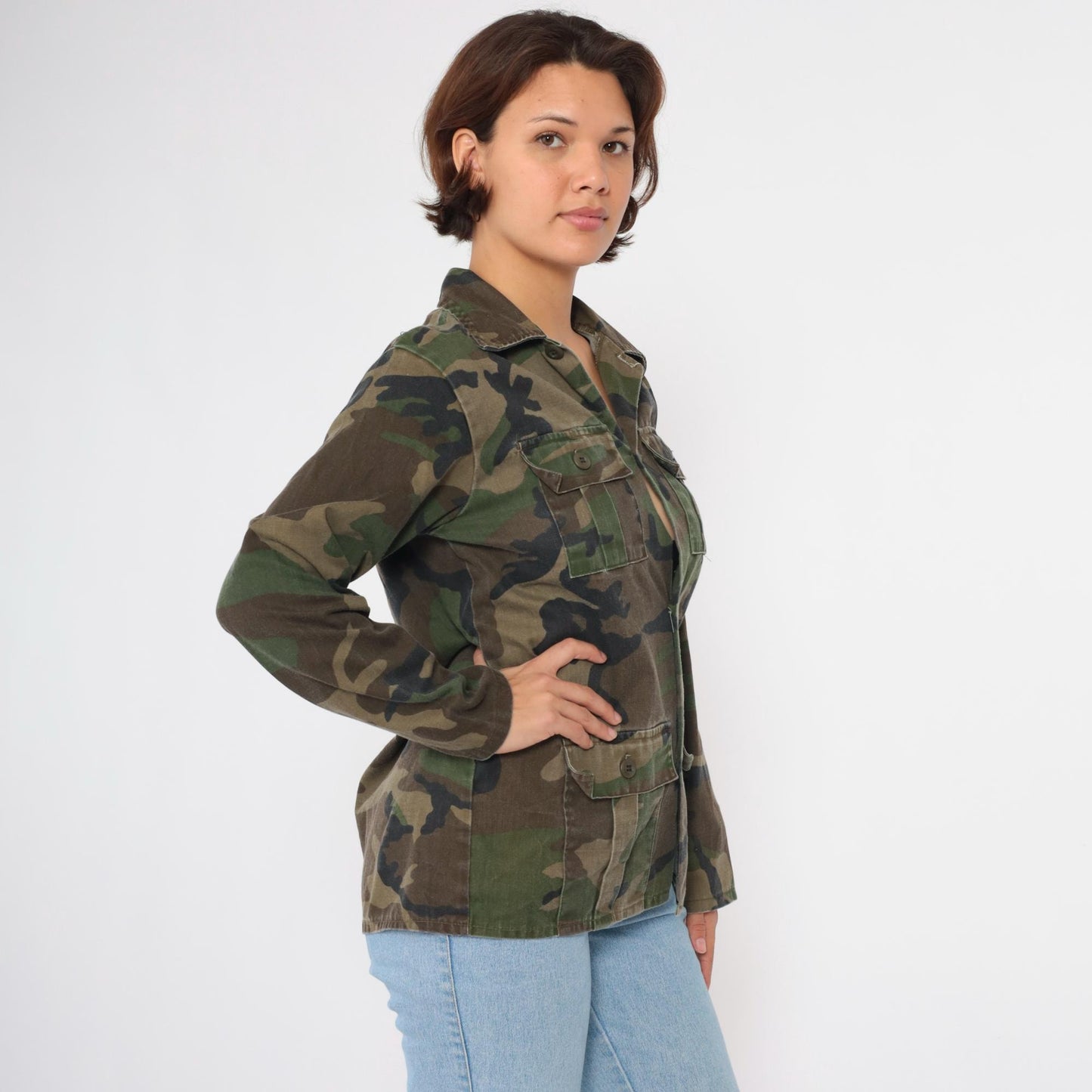 90s Army Camouflage Button-Up Shirt Green Cargo Pockets Small