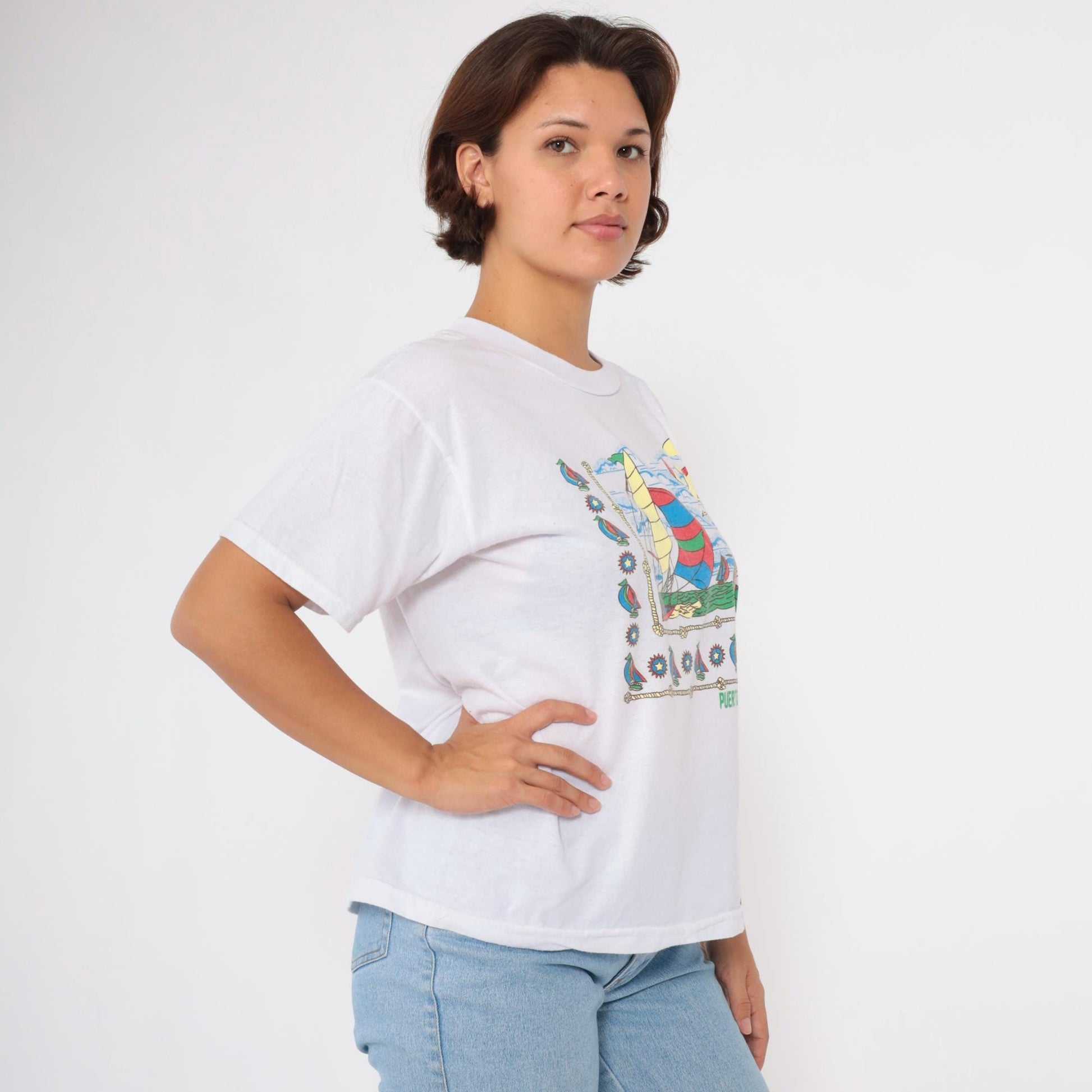 90s Puerto Vallarta Mexico Nautical Sailboat Graphic T-Shirt White Large