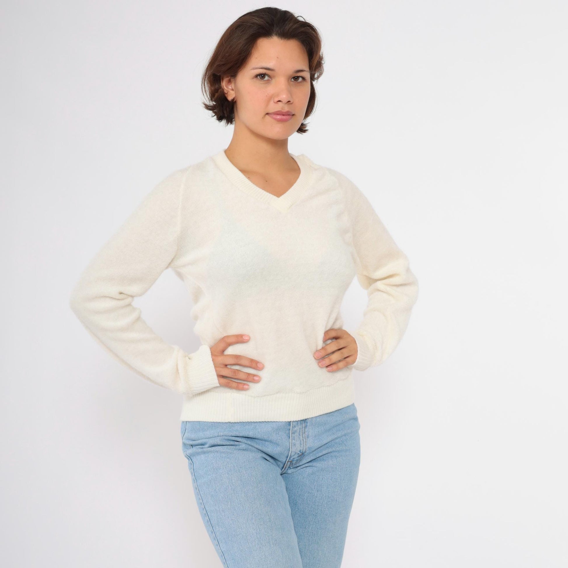 80s Terry Cloth V-Neck Sweatshirt Cream Raglan Sleeve Small