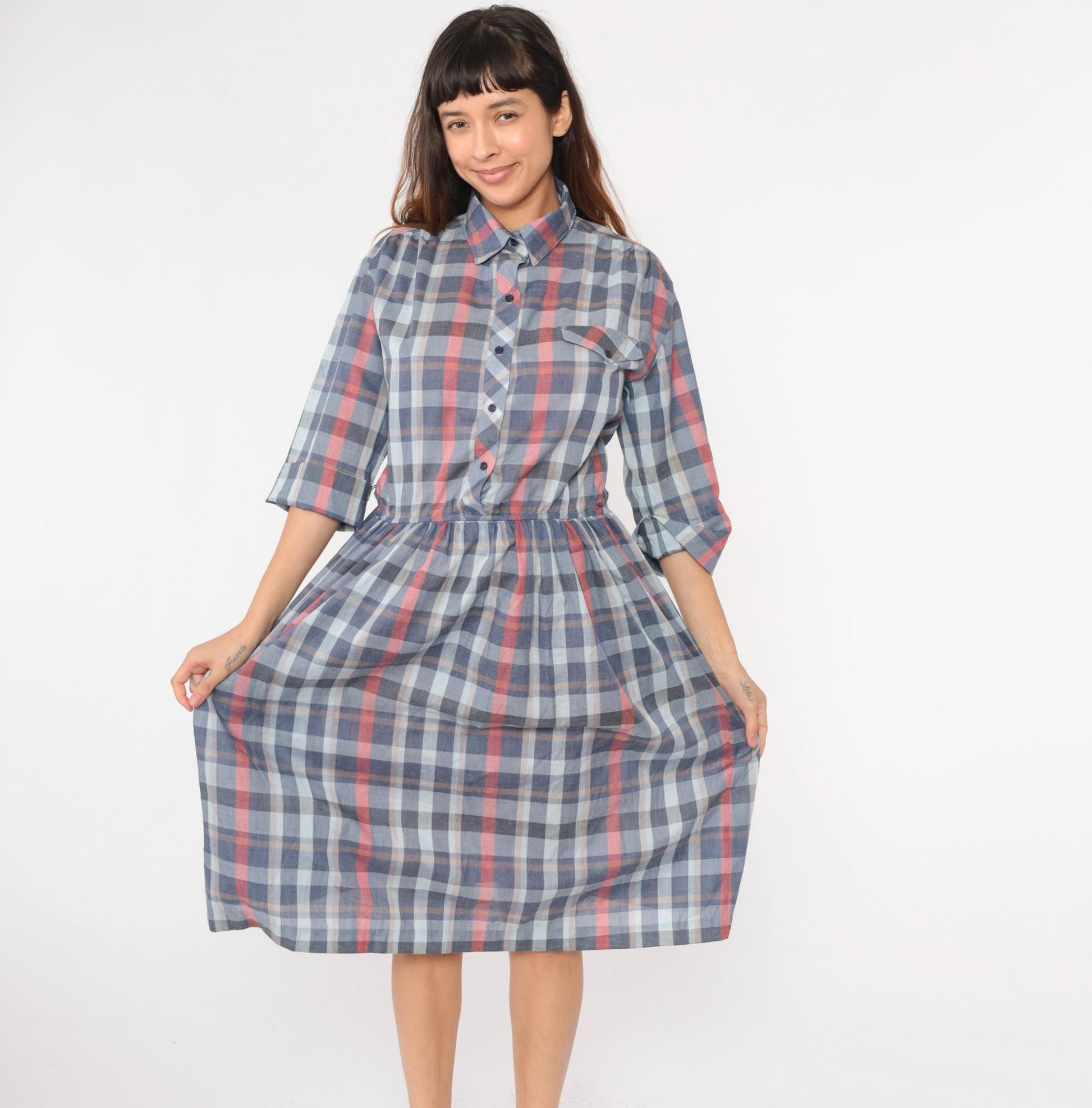 80s Paul Alfred Plaid Shirt Dress Blue Red Midi High Waist Medium