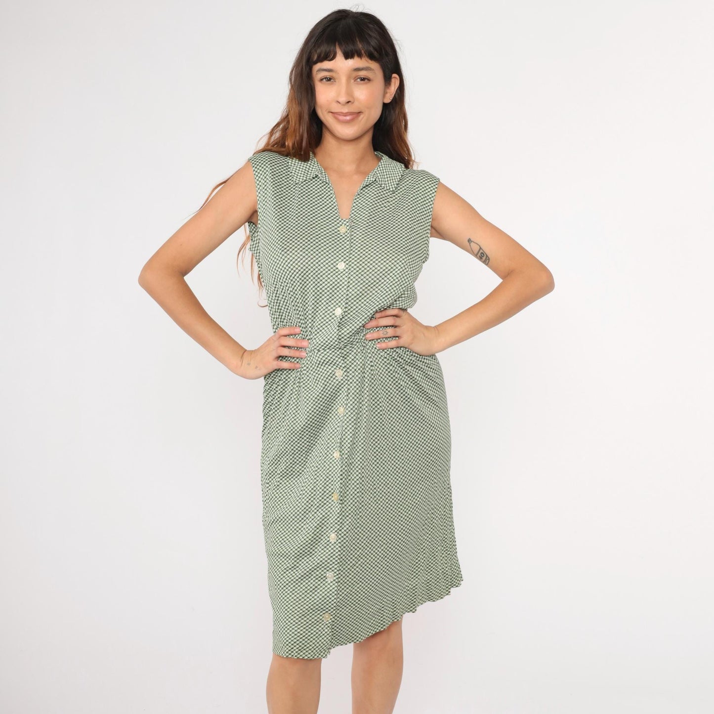 70s Green White Checkered Midi Dress High Waist Sleeveless Button Up Small Medium