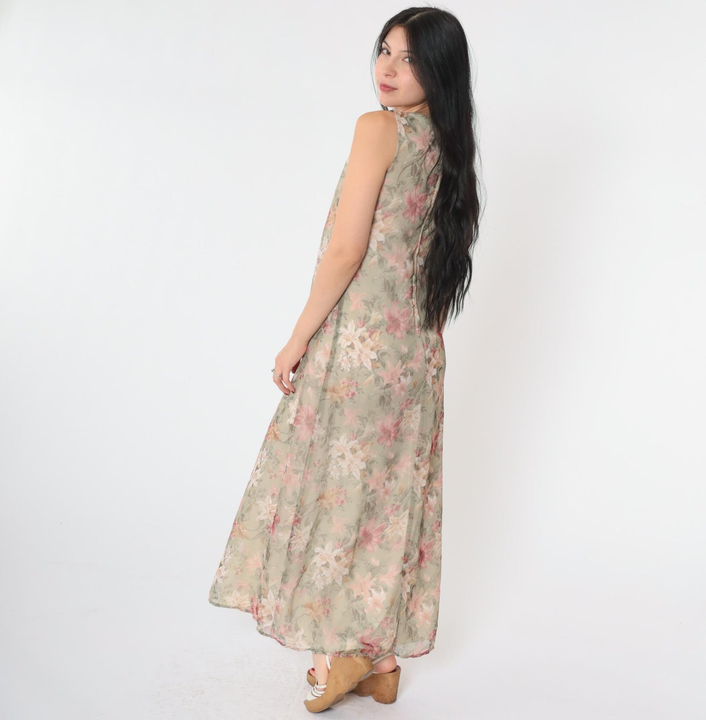 90s Floral Lily Maxi Sundress Soft Green Pink Sleeveless Scoop Neck Small