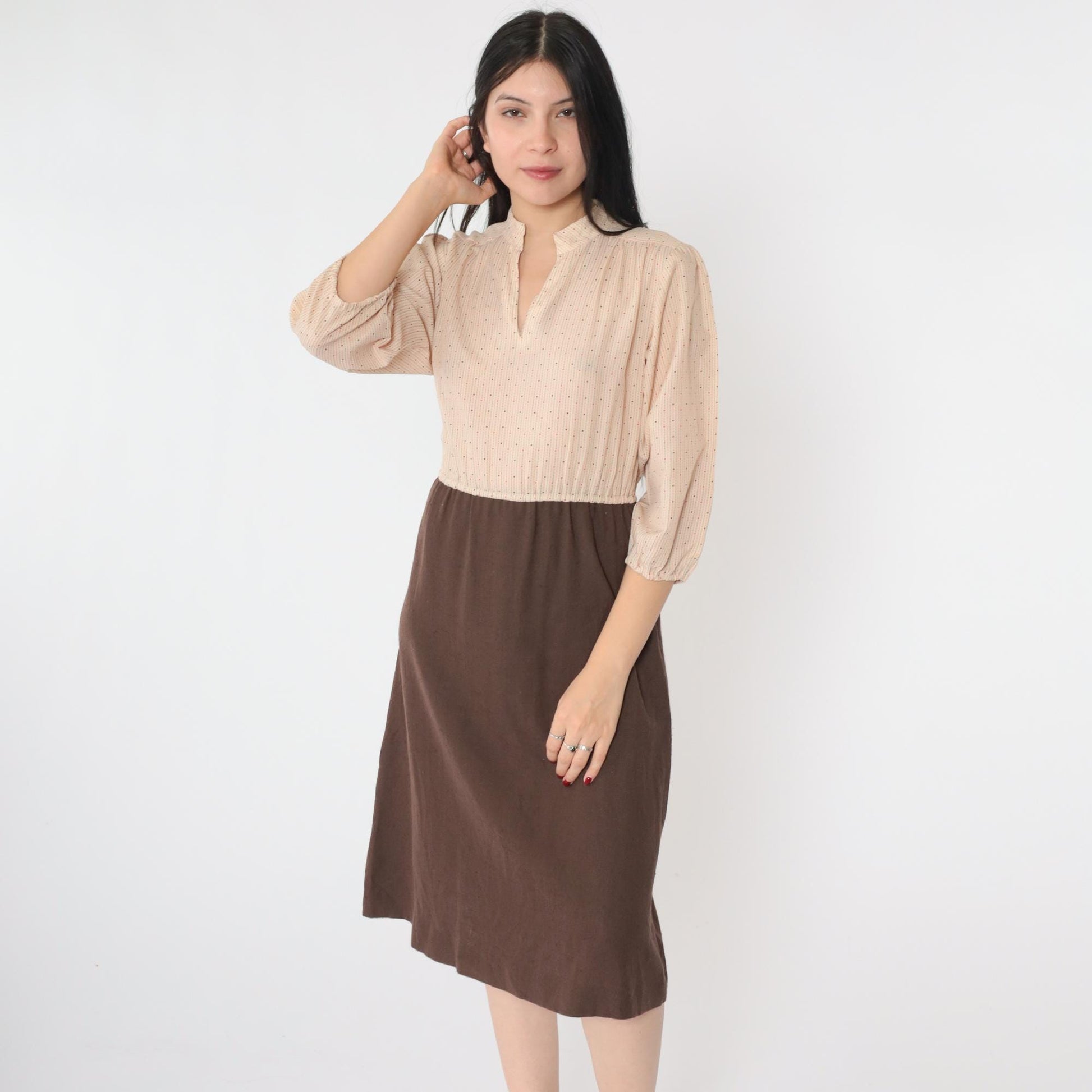 70s Beige Brown Dot Print Midi Dress High Elastic Waist V Neck Small