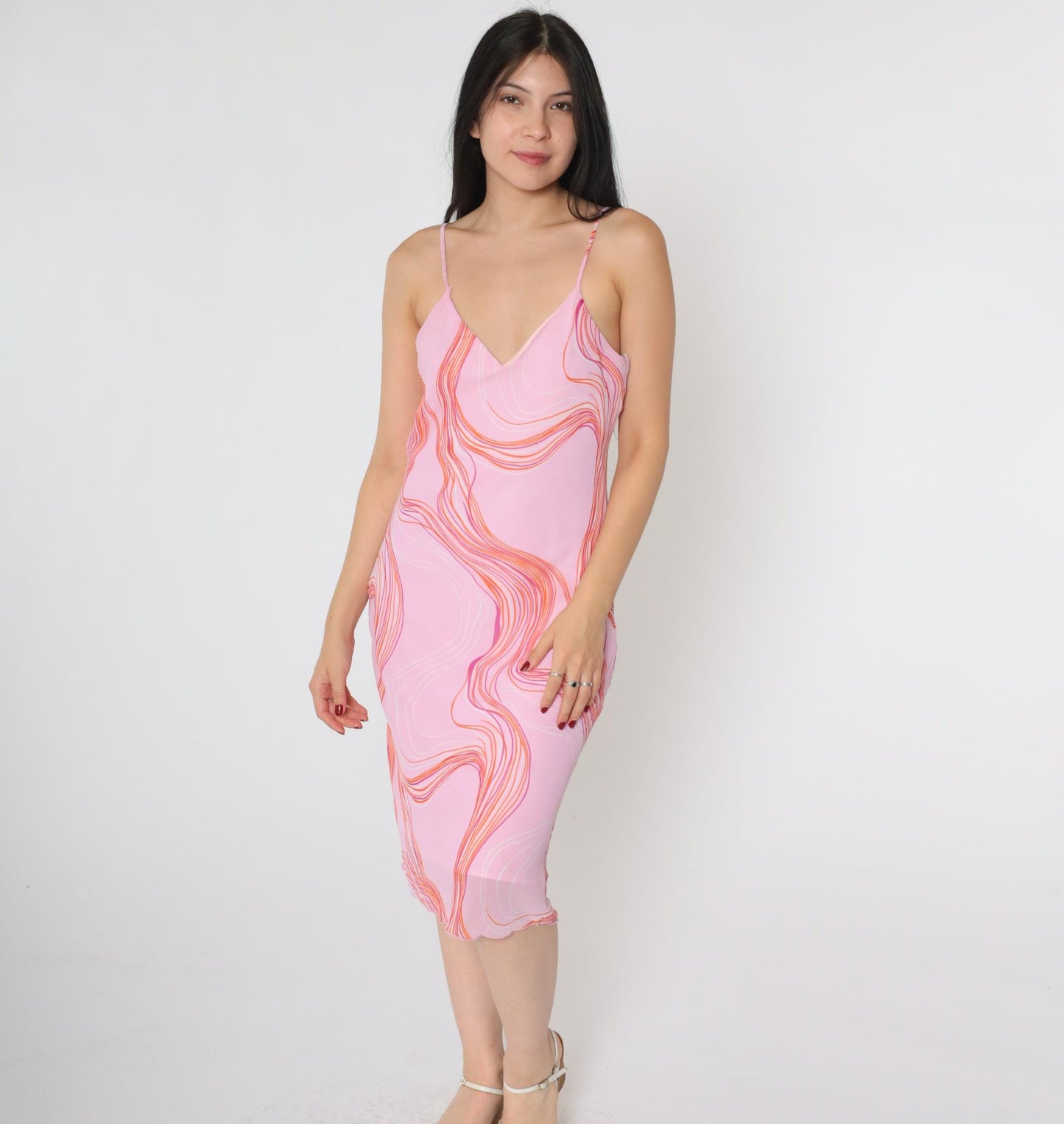 Y2K Pink Chiffon Slip Dress Abstract Swirl Print V-Neck Midi Medium 8