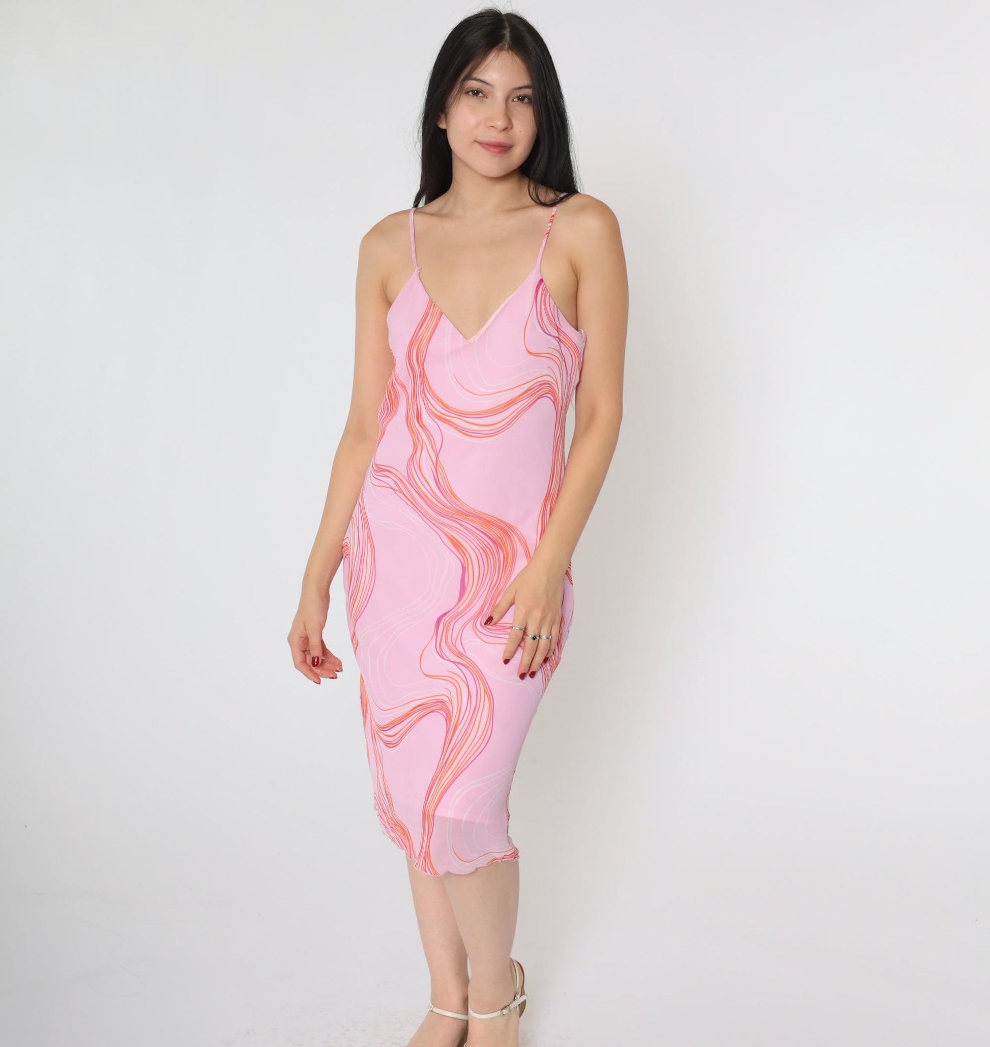 Y2K Pink Chiffon Slip Dress Abstract Swirl Print V-Neck Midi Medium 8