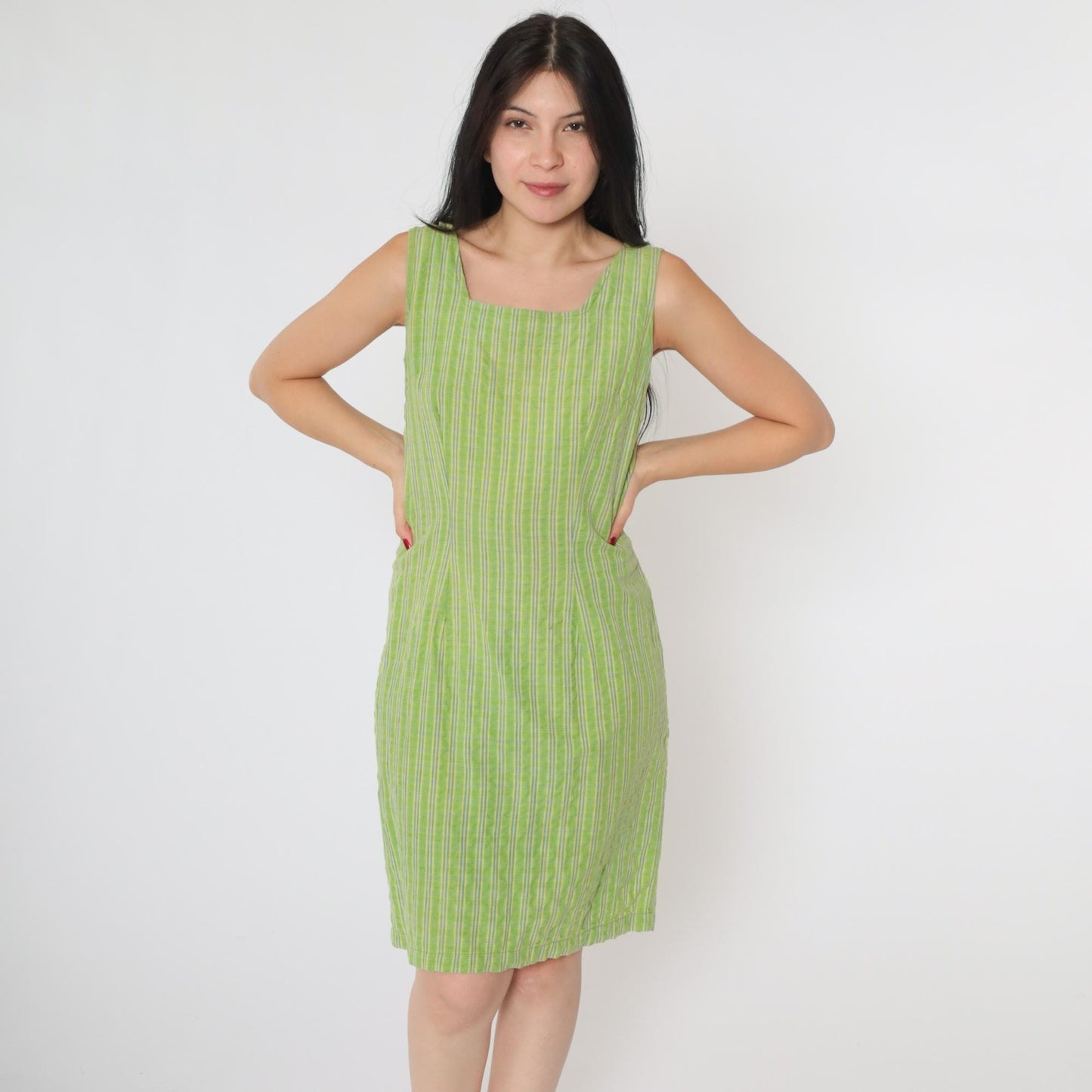 90s Forenza Green Checkered Mini Dress Square Neck Sleeveless Small