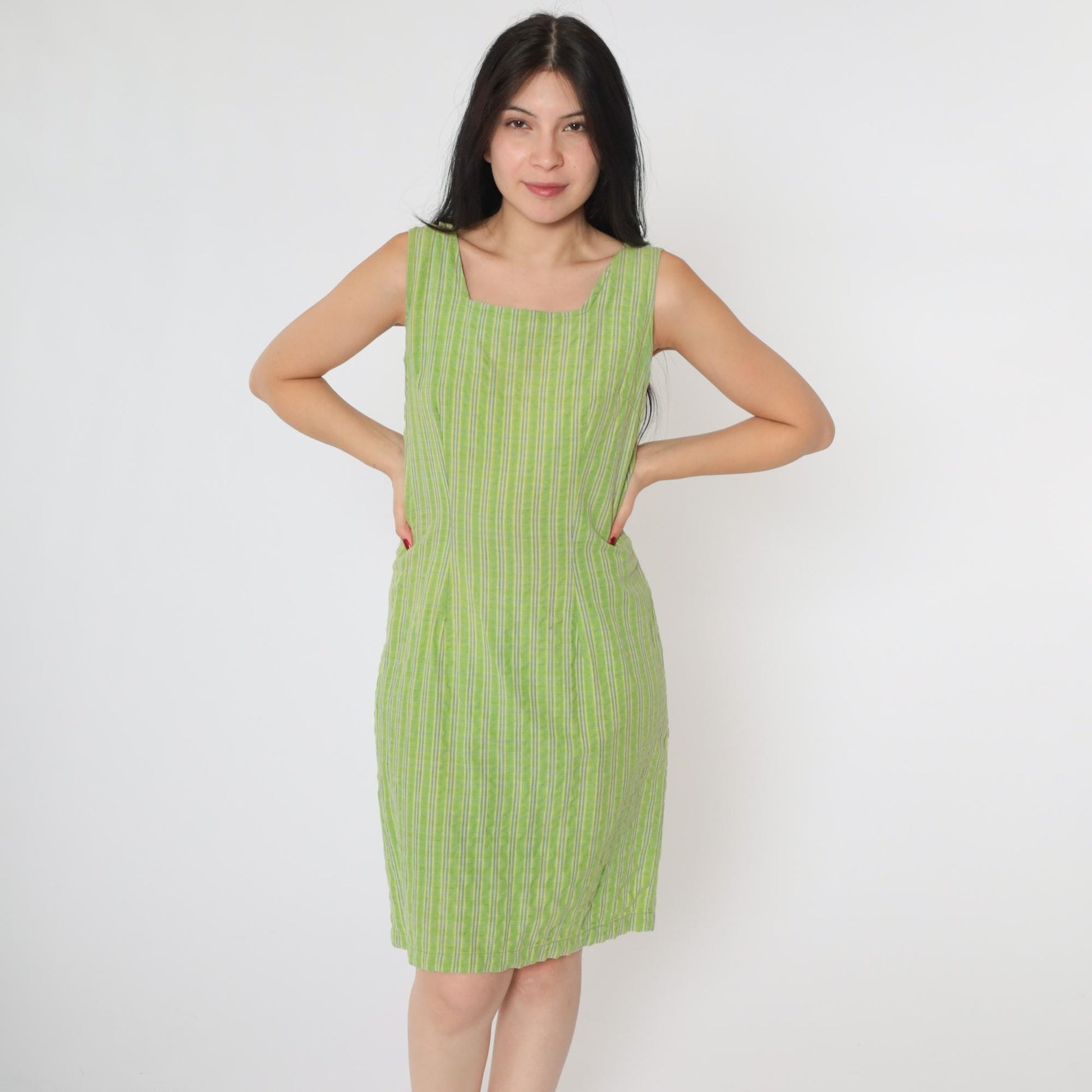 90s Forenza Green Checkered Mini Dress Square Neck Sleeveless Small