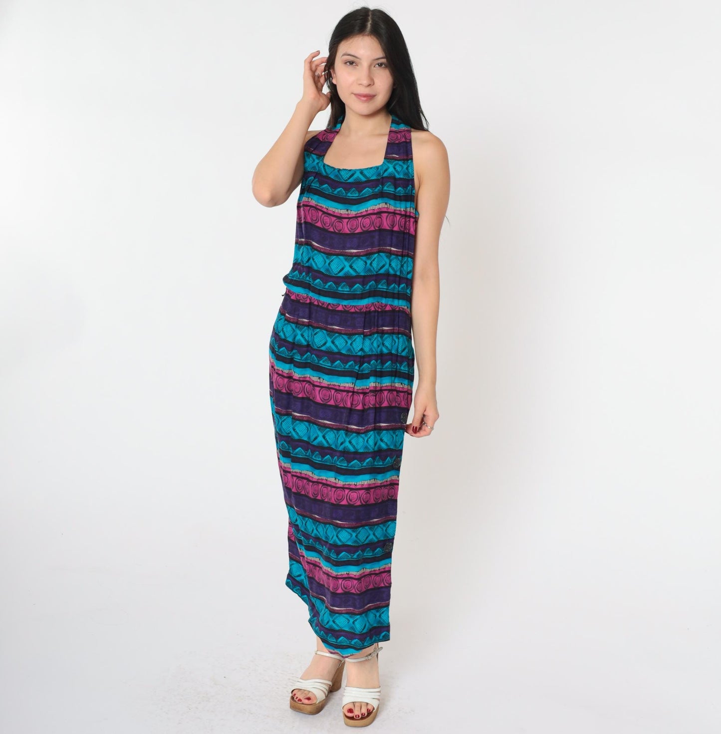 90s Geometric Midi Dress Racerback Sleeveless Blue Purple Pink Medium