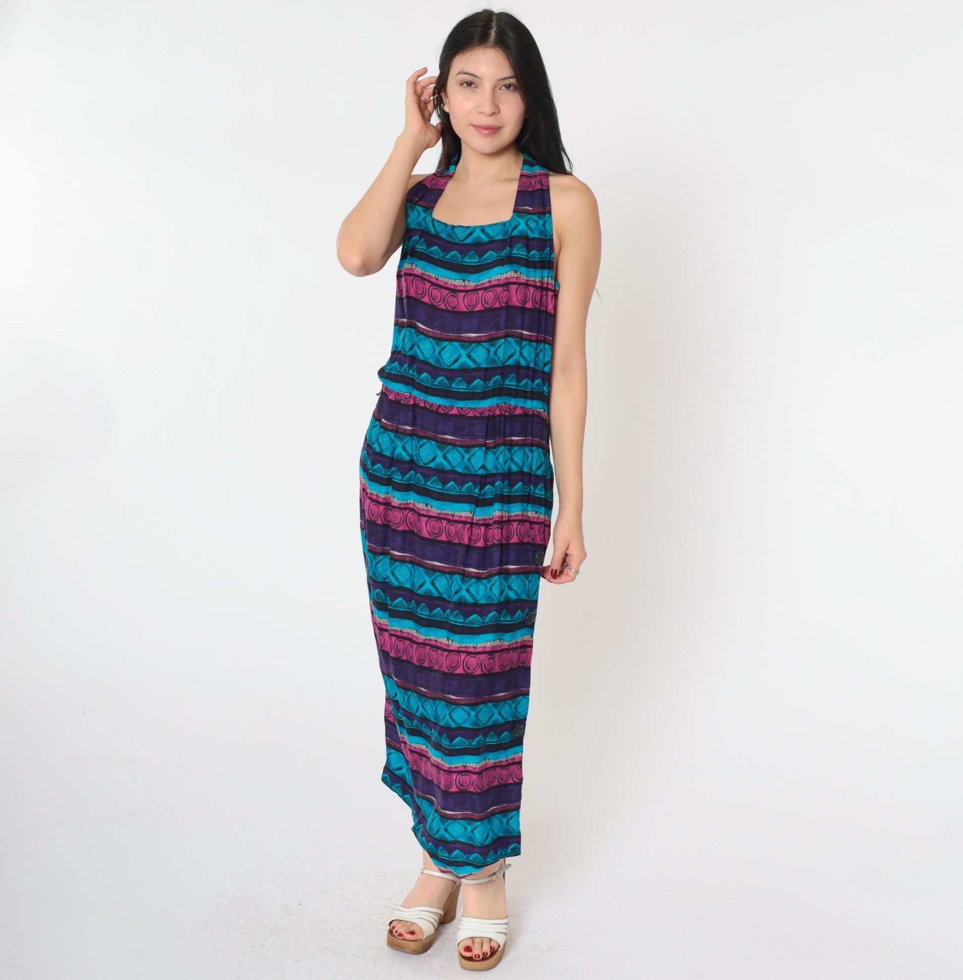 90s Geometric Midi Dress Racerback Sleeveless Blue Purple Pink Medium