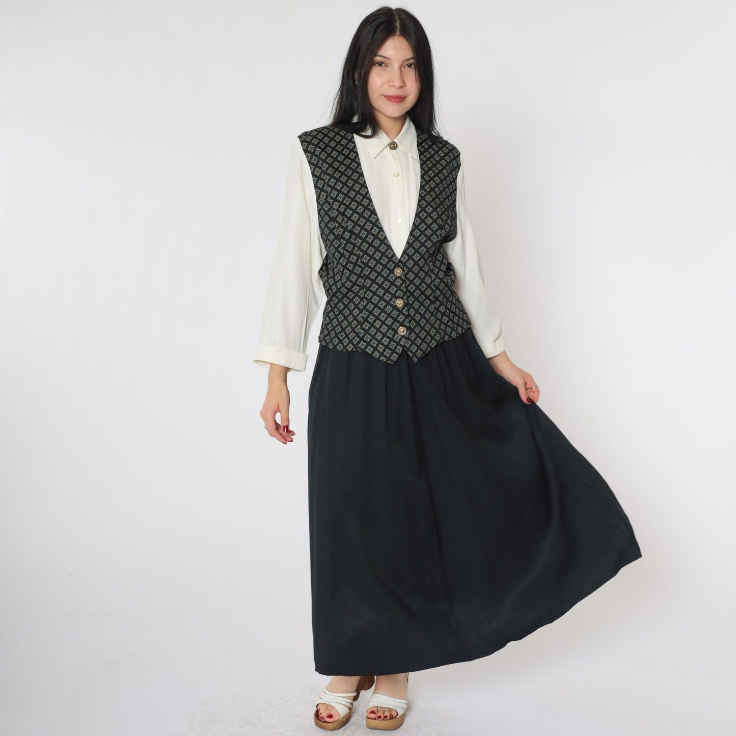 90s S.L. Fashions Maxi Dress Attached Geometric Vest White Black Button Front Small