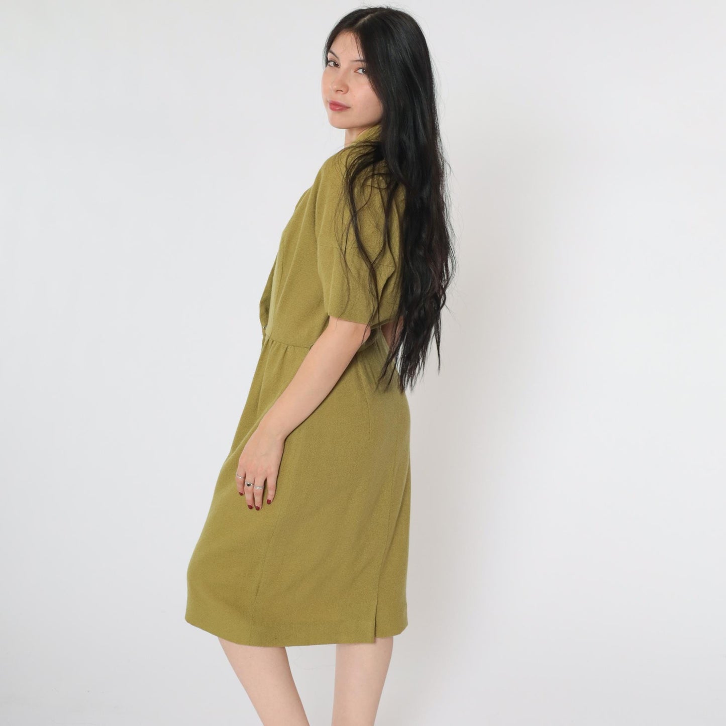 60s Olive Green Wool Pencil Dress Button Front High Waist Short Sleeve Midi Medium 8