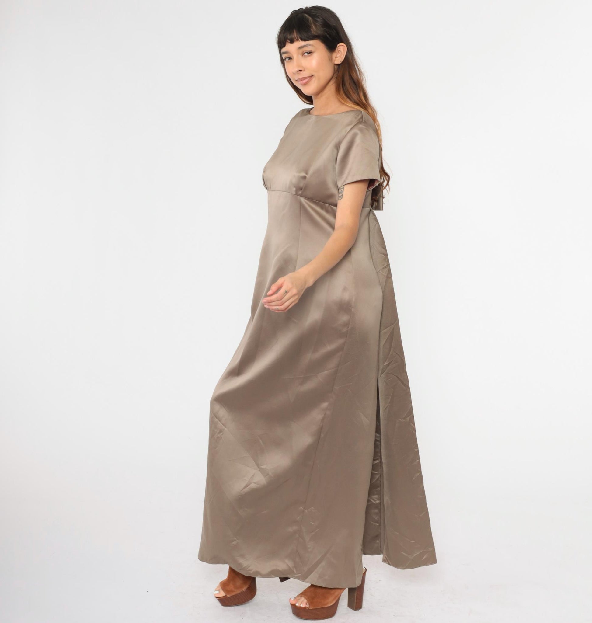 90s Bill Levkoff Satin Maxi Dress Mocha Brown Empire Waist Bow Back Small