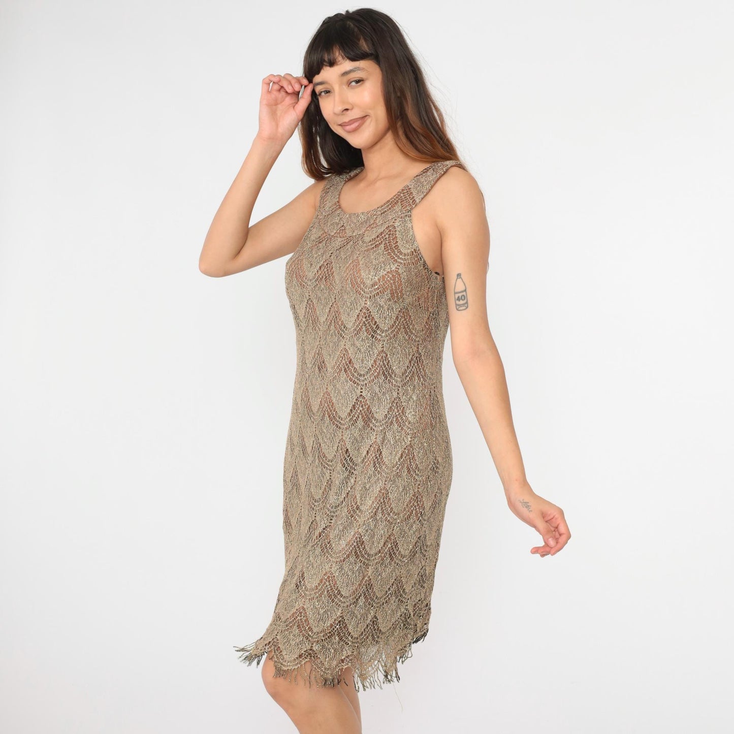 90s S.L. Fashions Metallic Lace Mini Dress Gold Fringe Sleeveless Shift Extra Large XXL