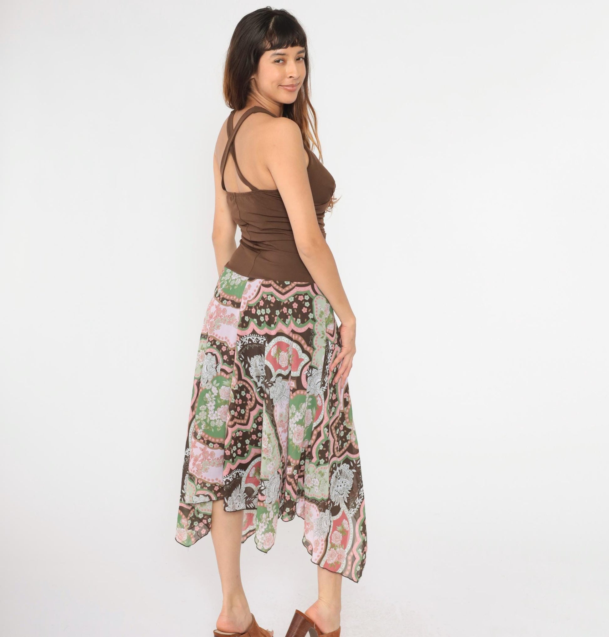 Y2K Floral Halter Midi Dress Brown Hanky Hem Drop Waist Sundress Large L