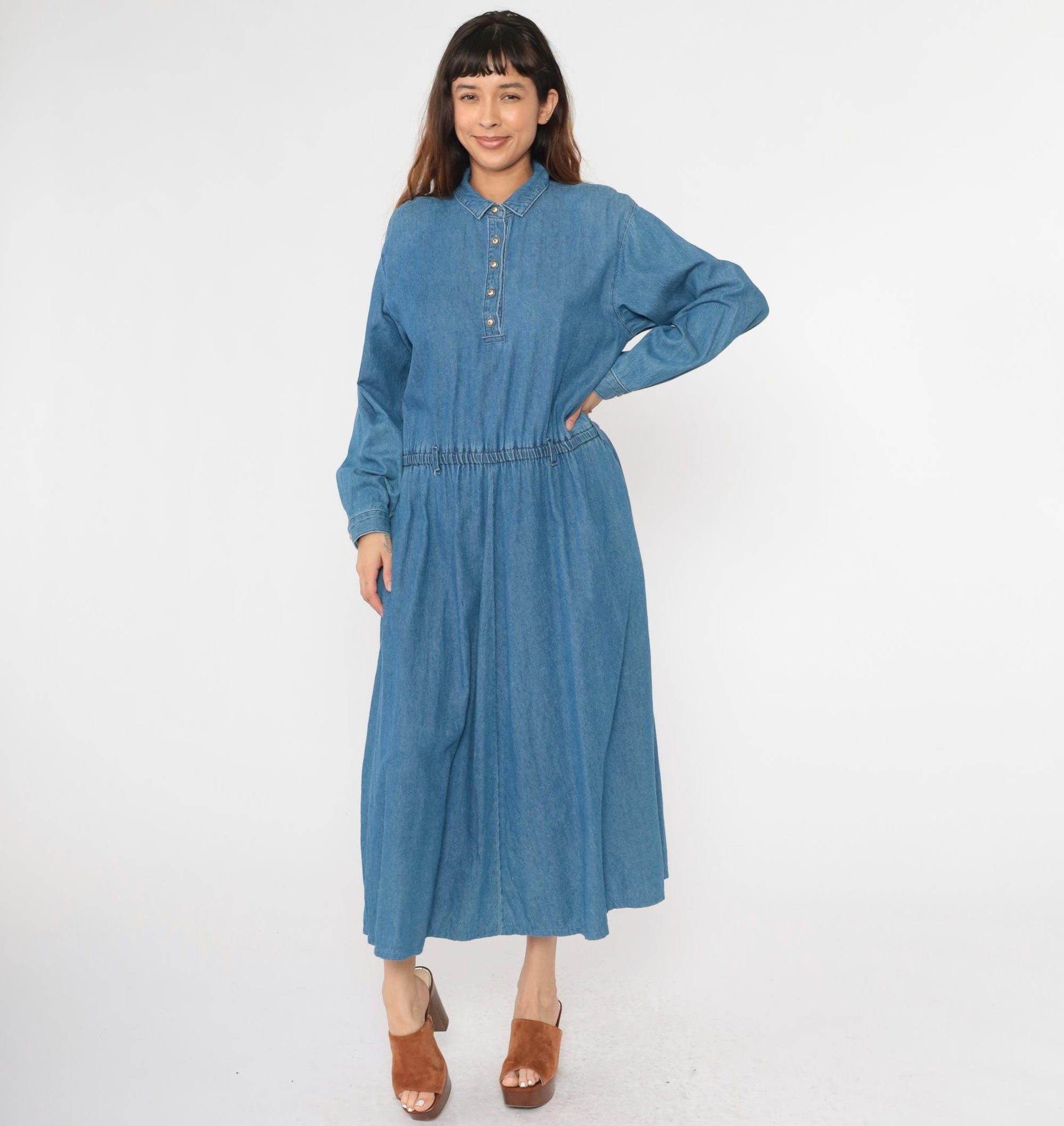 90s Coldwater Creek Denim Shirtdress Blue Jean Midi High Waist Large