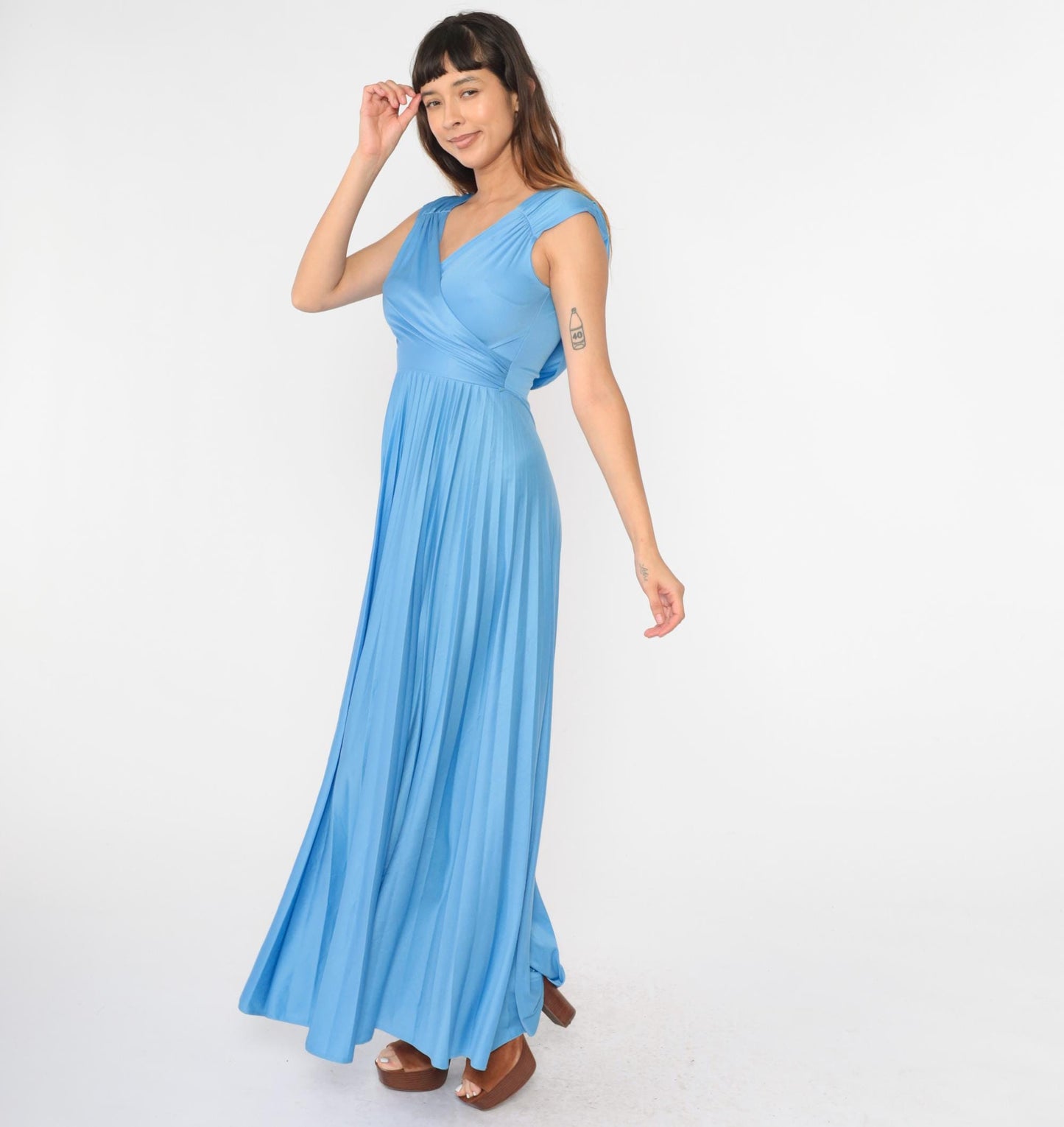 70s Blue Maxi Dress Pleated Wrap V-Neck Cap Sleeve High Waist Small