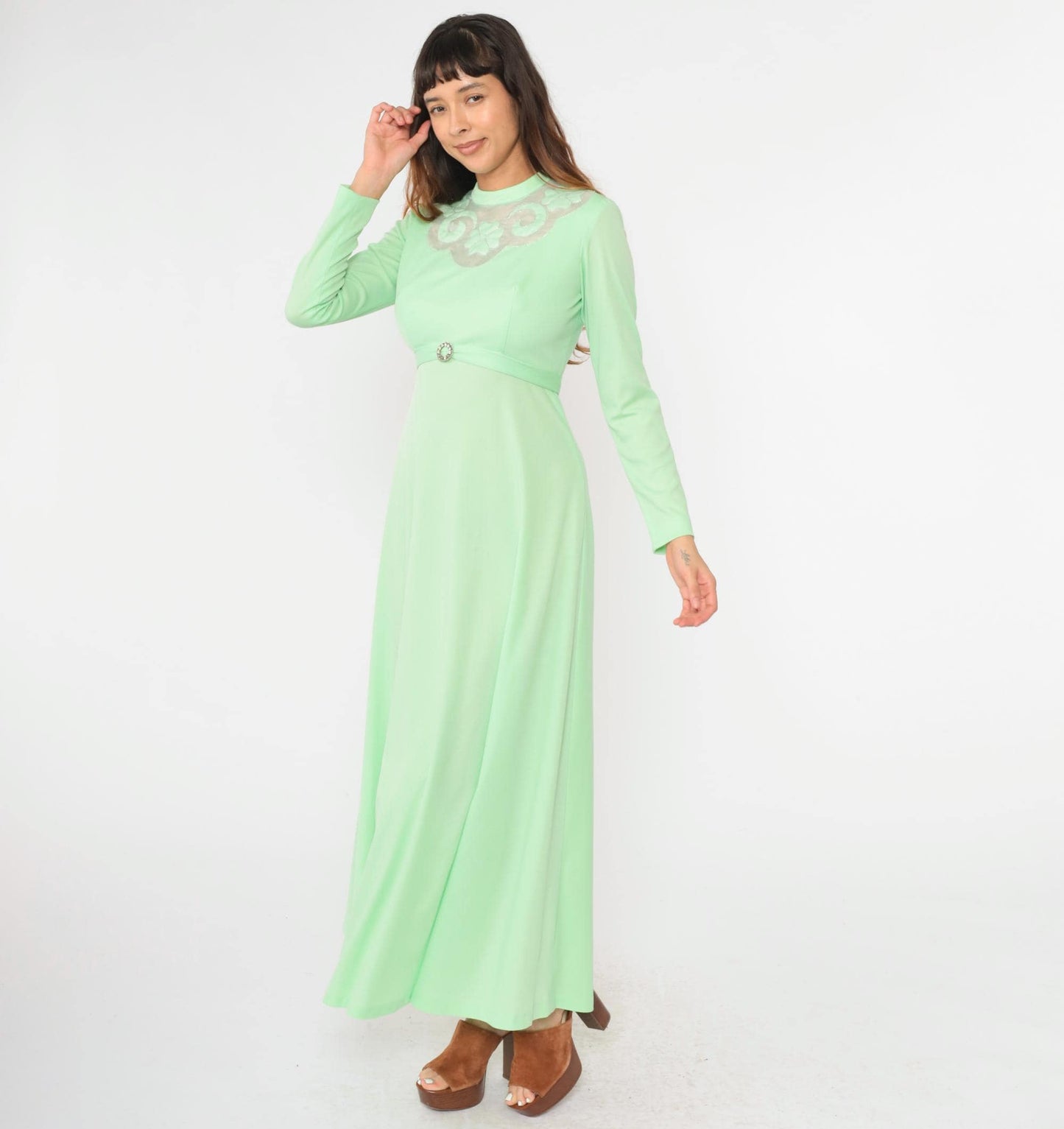70s Mint Green Maxi Dress Embroidered Mesh Yoke Rhinestone Buckle Small